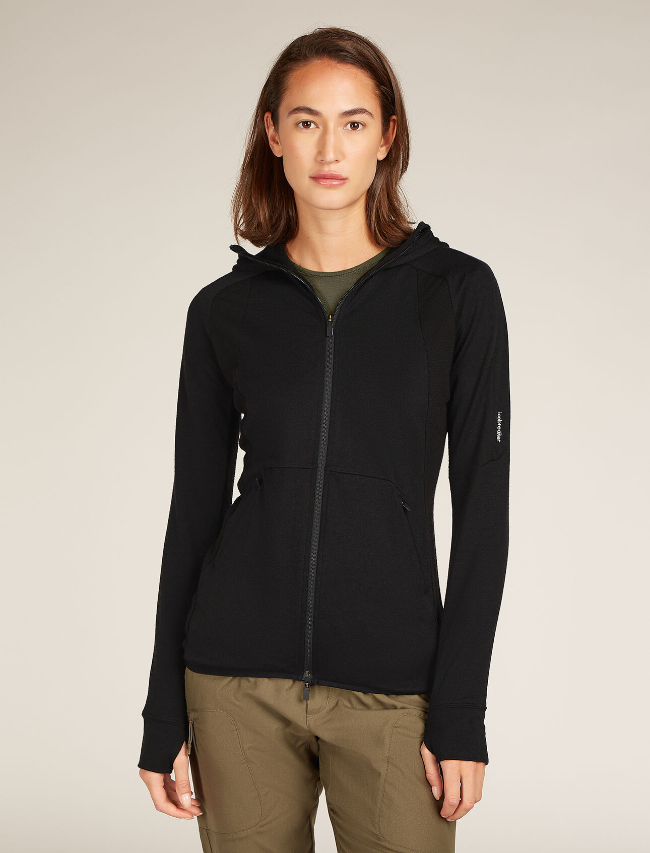 Womens ZoneKnit™ Merino Long Sleeve Zip Hoodie A midweight hoodie designed to balance warmth and breathability while on the move, the ZoneKnit™ Long Sleeve Zip Hood combines our 100% Merino fabric with strategic panels of eyelet mesh for enhanced airflow.