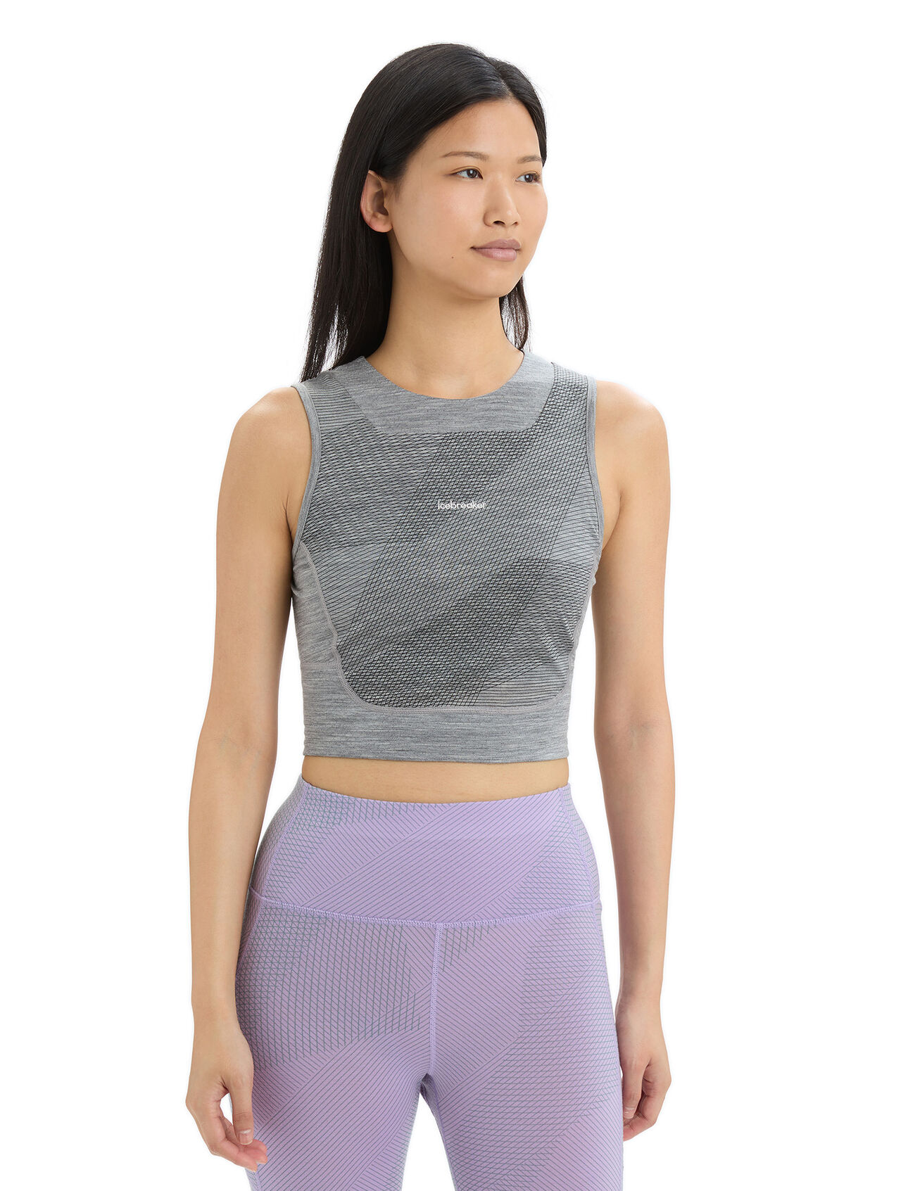 Womens ZoneKnit™ Merino Cropped Bra-Tank Geodetic Our most breathable, lightweight top for high-output activities, the ZoneKnit™ Cropped Bra-Tank Geodetic features a body-mapped combination of Cool-Lite merino jersey and ultra-breathable eyelet mesh, with a built-in bra. The unique geometric print is inspired by the curvature of the earth.