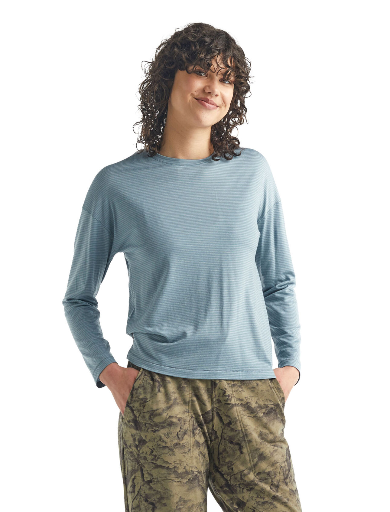 Cool-Lite™ Utility Explore gestreept T-shirt met lange mouwen en ronde hals van merinowol
