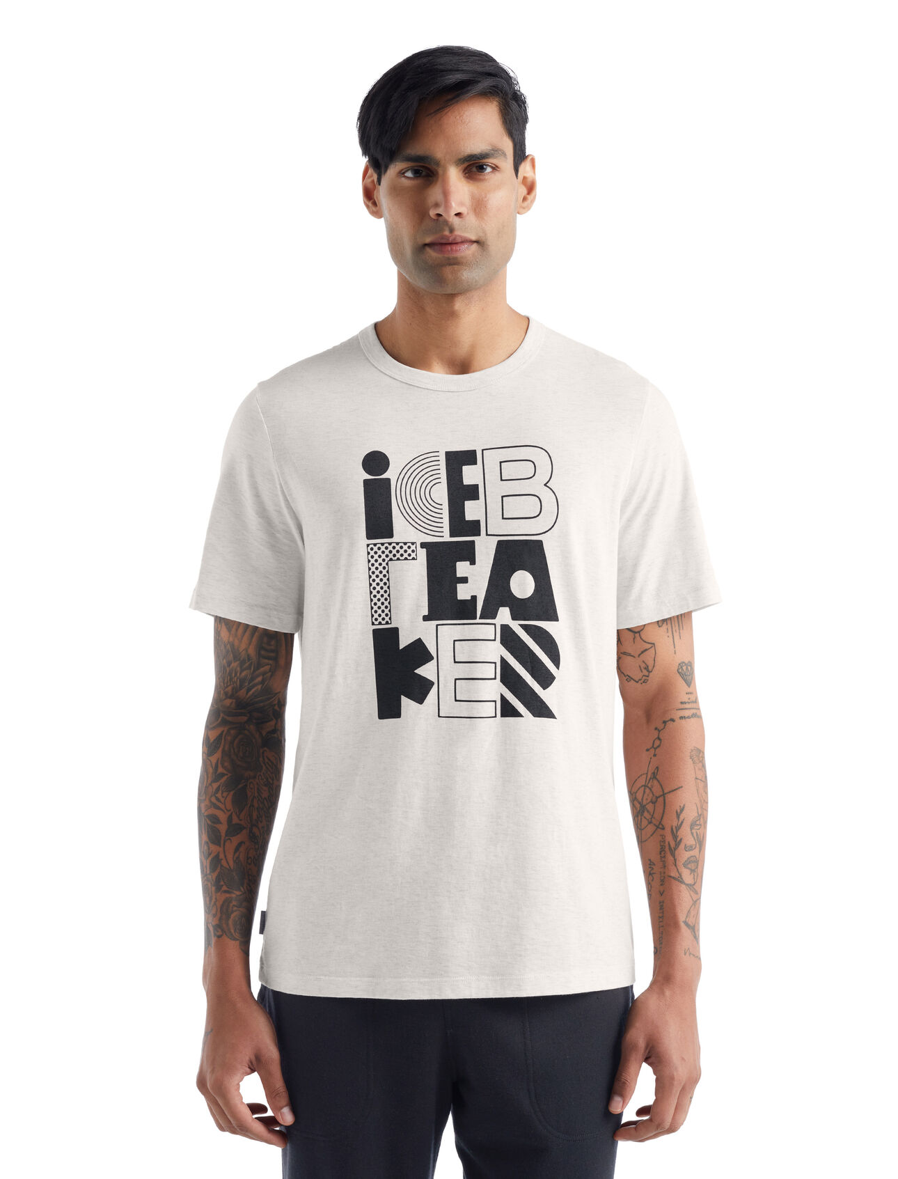 Mens Merino Cotton Central Short Sleeve T-Shirt icebreaker Stack A versatile, everyday tee featuring original logo artwork, the Central Short Sleeve Tee icebreaker Stack features a sustainable blend of natural merino wool and soft organic cotton. Original graphic artwork features a fun and unique take on the icebreaker name.