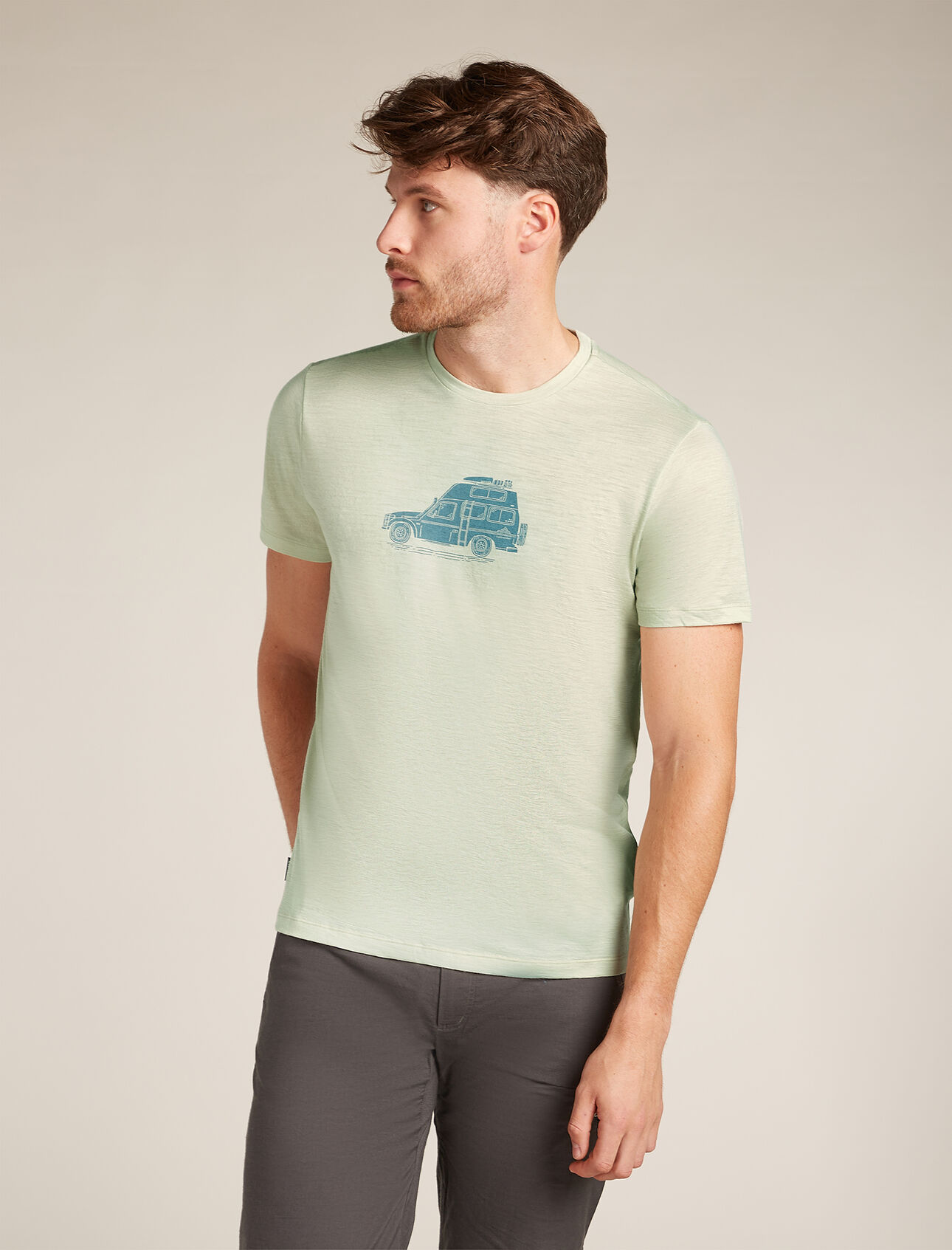 Mens Merino 150 Tech Lite Short Sleeve T-Shirt Cosy Camper Our most versatile tech tee that provides comfort, breathability and odour-resistance for four seasons worth of adventure, the Merino 150 Tech Lite Short Sleeve Tee Cosy Camper features 100% merino fabric for all-natural performance. The tee's original graphic artwork features a block print-style drawing of a camper van loaded down and ready to hit the road. 