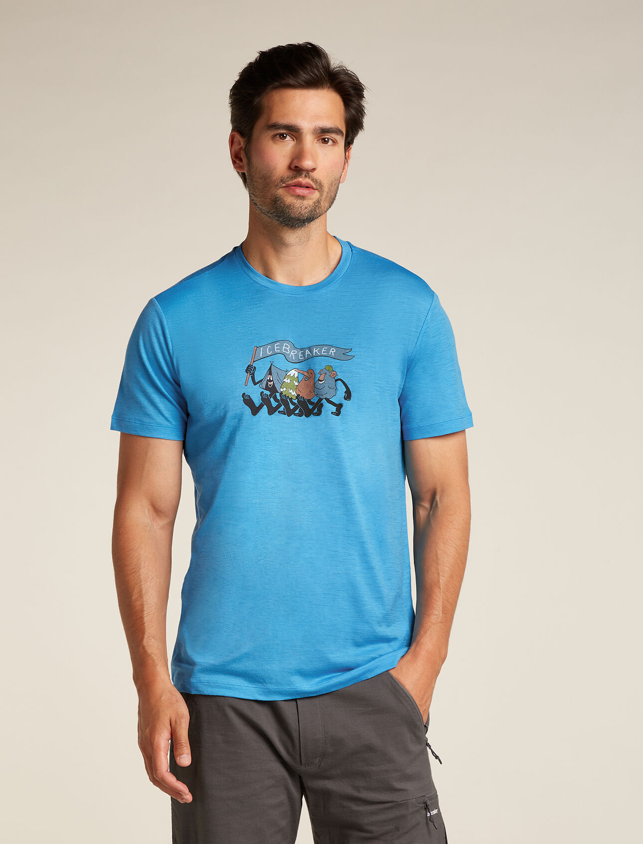 Mens Merino 150 Tech Lite Short Sleeve T-Shirt Hike Together Our most versatile tech tee that provides comfort, breathability and odour-resistance for four seasons worth of adventure, the Merino 150 Tech Lite Short Sleeve Tee Hike Together features 100% merino fabric for all-natural performance. The tee's original graphic artwork by Jack Soren features a playful illustration of icebreaker characters casting off on a hike. 