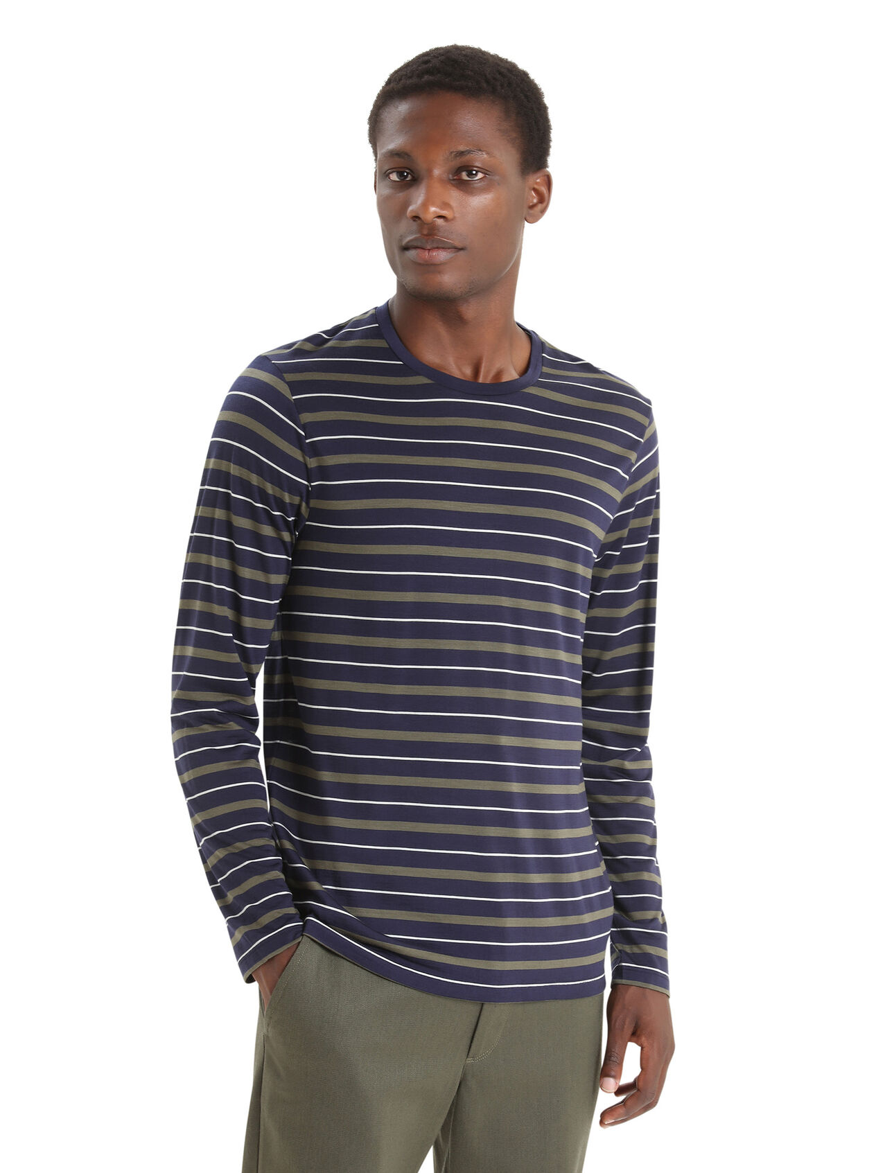 Mens Merino Wave Long Sleeve Stripe T-Shirt A lightweight merino-blend tee with classic style that's perfect for warm weather, the Wave Long Sleeve Tee Stripe features our breathable, all-natural Cool-Lite™ jersey fabric.