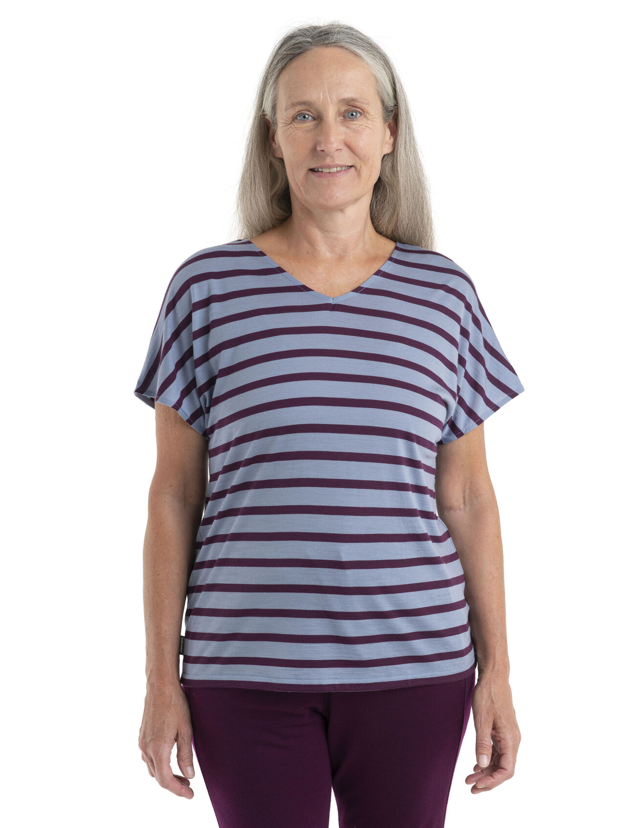 Womens Merino Drayden Reversible Short Sleeve Top Stripe A versatile everyday shirt featuring our Cool-Lite™jersey fabric, the Drayden Reversible Short Sleeve Top Stripe can be worn frontwards for a soft V neck, or backwards for a high crew neck.