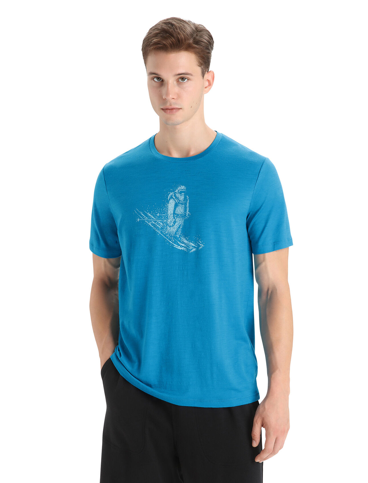 Heren Tech Lite II T-shirt Skiing Yeti met korte mouwen van merinowol De Tech Lite II Skiing Yeti is ons veelzijdige technische T-shirt dat bij alle mogelijke avonturen comfortabel, ademend en van nature geurbestendig blijft. Het T-shirt met korte mouwen is gemaakt van 100% merinowol voor compleet natuurlijke prestaties. De originele grafische opdruk van Damon Watters is een grappige illustratie van de ultieme bergbewoner op de skipiste. 