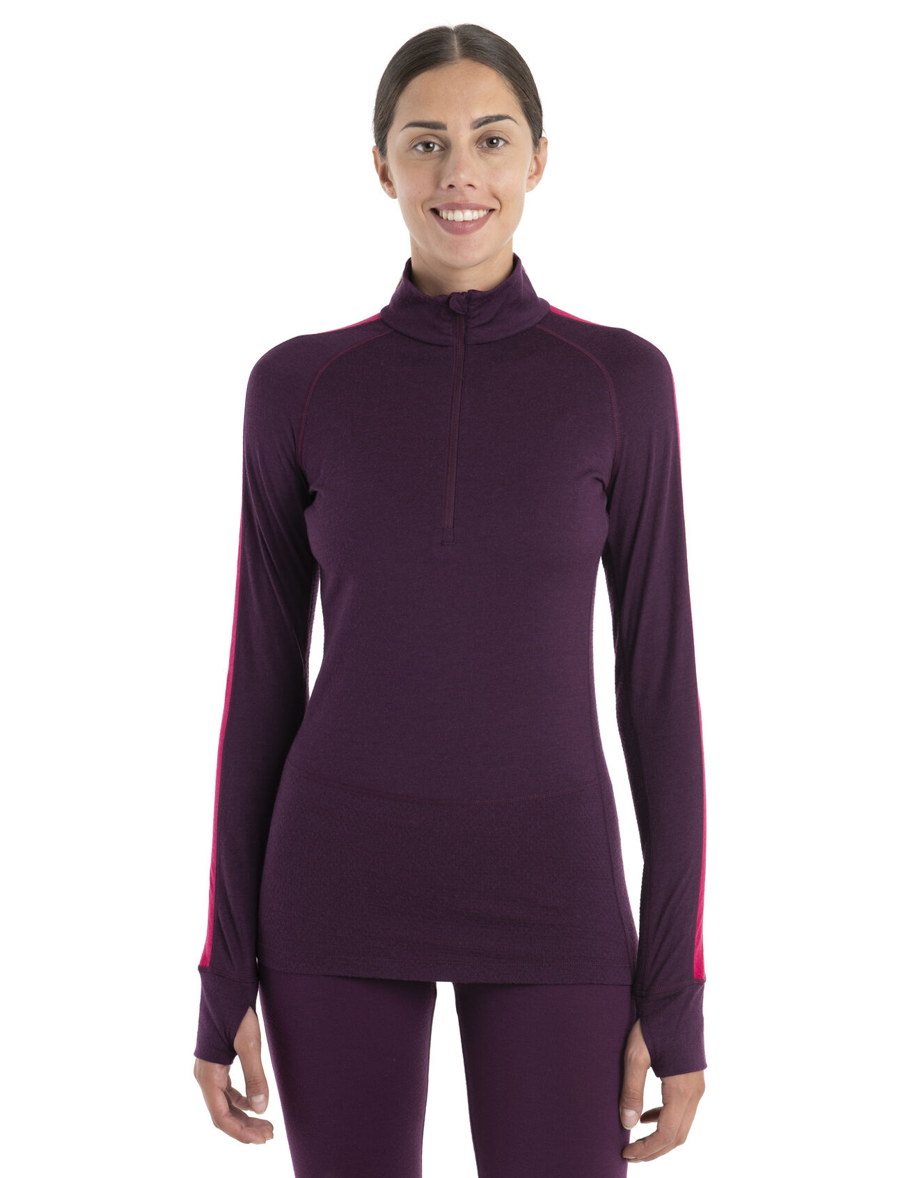 Haut isotherme à manches longues et demi-glissière 200 ZoneKnit™ en mérinos Femmes Couche de base à grammage intermédiaire conçue pour réguler la température lors des efforts intenses, le demi-zip manches longues 200 ZoneKnit™ est composé de laine naturelle 100 % mérinos. 