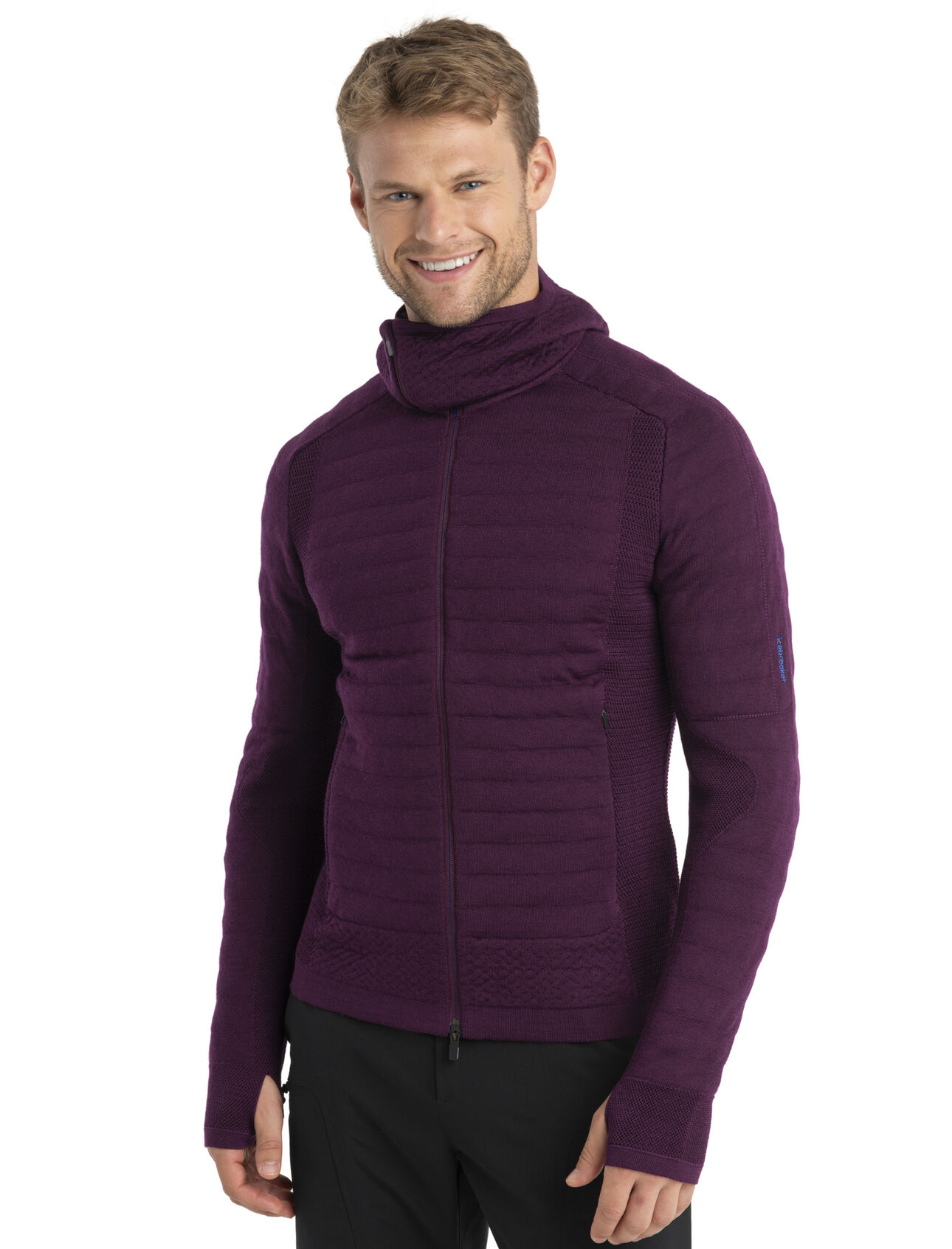 Mens ZoneKnit™ Merino Explore Long Sleeve Zip Hoodie A highly technical midlayer featuring our engineered body-mapped technology, the ZoneKnit™ Explore Long Sleeve Zip Hoodie provides premium insulation and thermoregulation for fast--paced, cold-weather adventures.