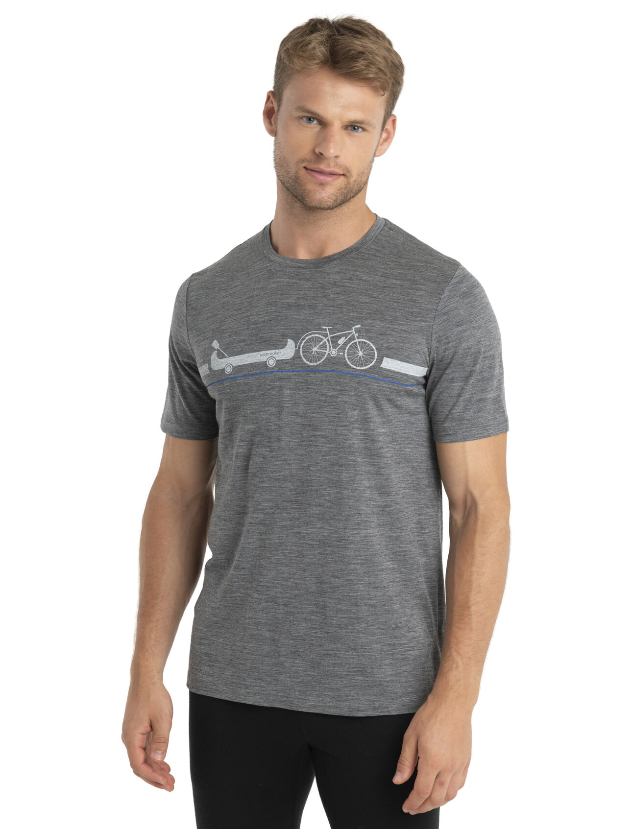 Mens Merino 150 Tech Lite II Short Sleeve T-Shirt Road to River Our versatile tech tee that provides comfort, breathability and odour-resistance for any adventure you can think of, the 150 Tech Lite II Short Sleeve Tee Road to River features 100% merino for all-natural performance. The tee's original artwork features a fun screenprint of a bike towing a canoe. 