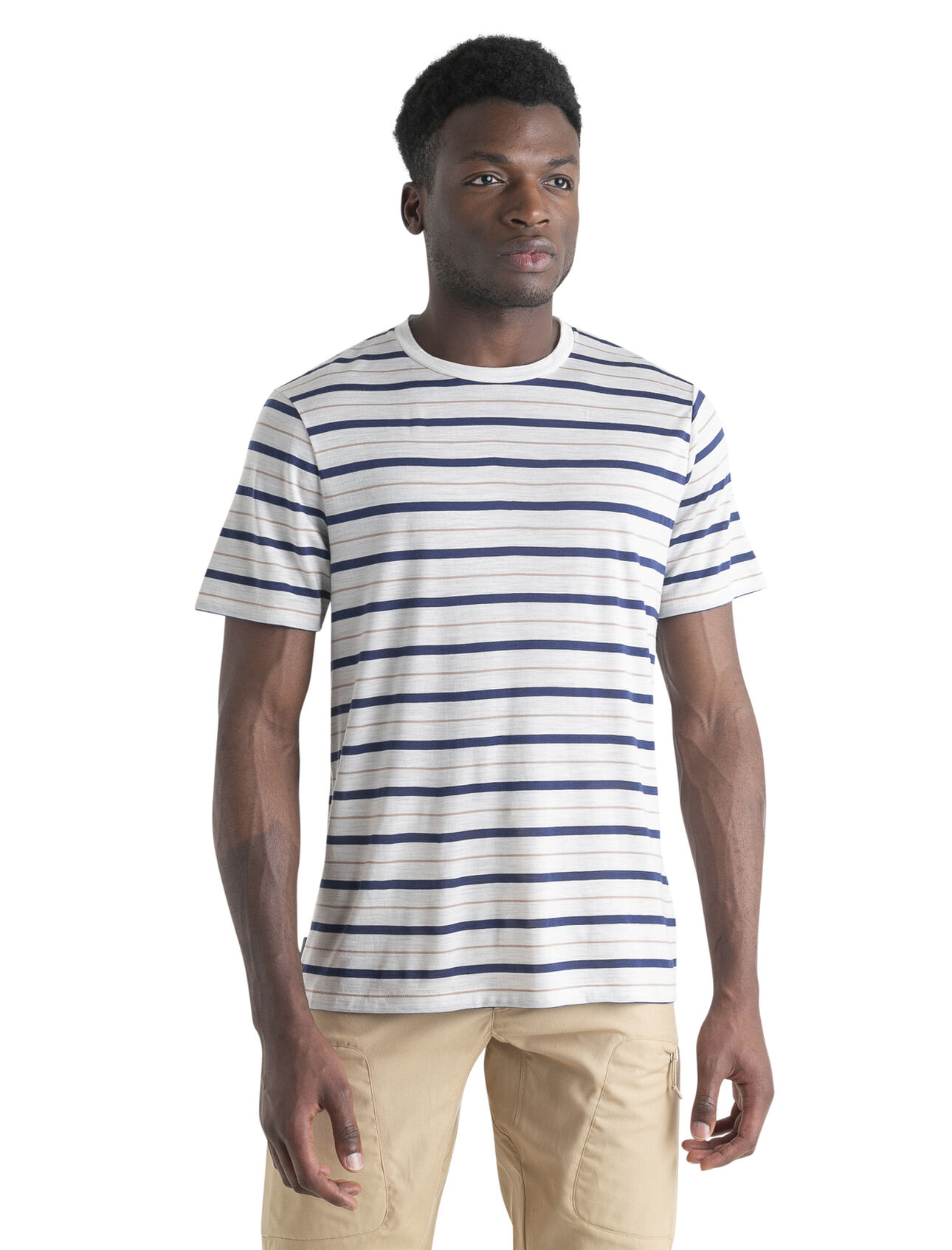 Mens Merino Blend Wave T-Shirt Stripe A lightweight merino-blend tee with classic style that's perfect for warm weather, the Wave Short Sleeve Tee Stripe features our breathable, all-natural Cool-Lite™ jersey fabric.