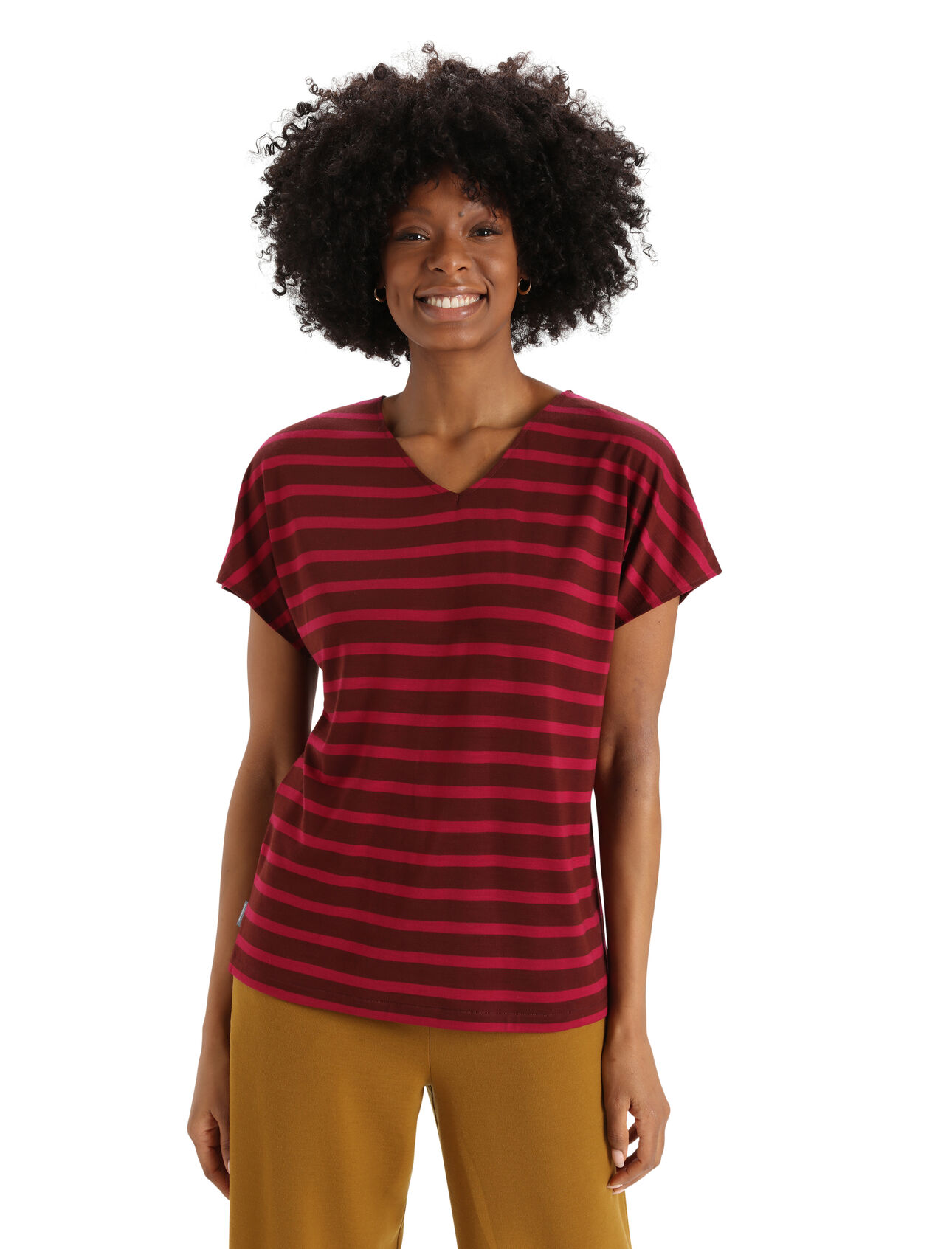 Womens Merino Drayden Reversible Short Sleeve Top Stripe A versatile everyday shirt featuring our Cool-Lite™jersey fabric, the Drayden Reversible Short Sleeve Top Stripe can be worn frontwards for a soft V neck, or backwards for a high crew neck.