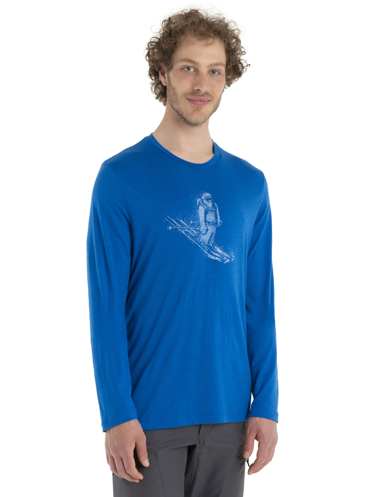 Mens Merino Tech Lite II Long Sleeve T-Shirt Skiing Yeti Our versatile tech tee that provides comfort, breathability and natural odor-resistance for any adventure you can think of, the Tech Lite II Long Sleeve Tee Skiing Yeti features 100% merino for all-natural performance. The original artwork by Damon Watters features a fun illustration of the ultimate mountain dweller enjoying some turns.