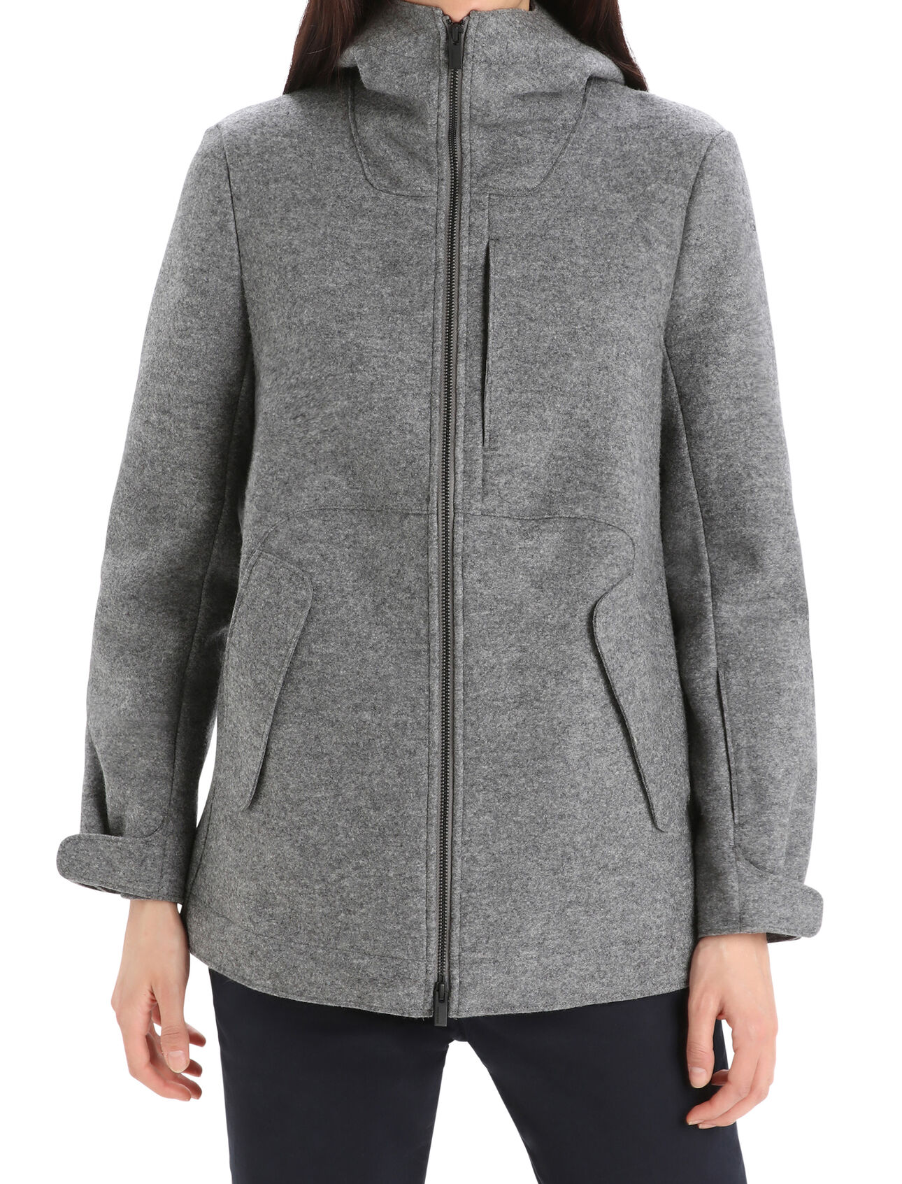 Womens Felted Merino Hooded Jacket A classic felted merino jacket ideal for everyday warmth and cold-weather commutes, the Felted Merino Hooded Jacket features 100% felted merino wool that regulates body temperature and naturally resists odors no matter the weather.