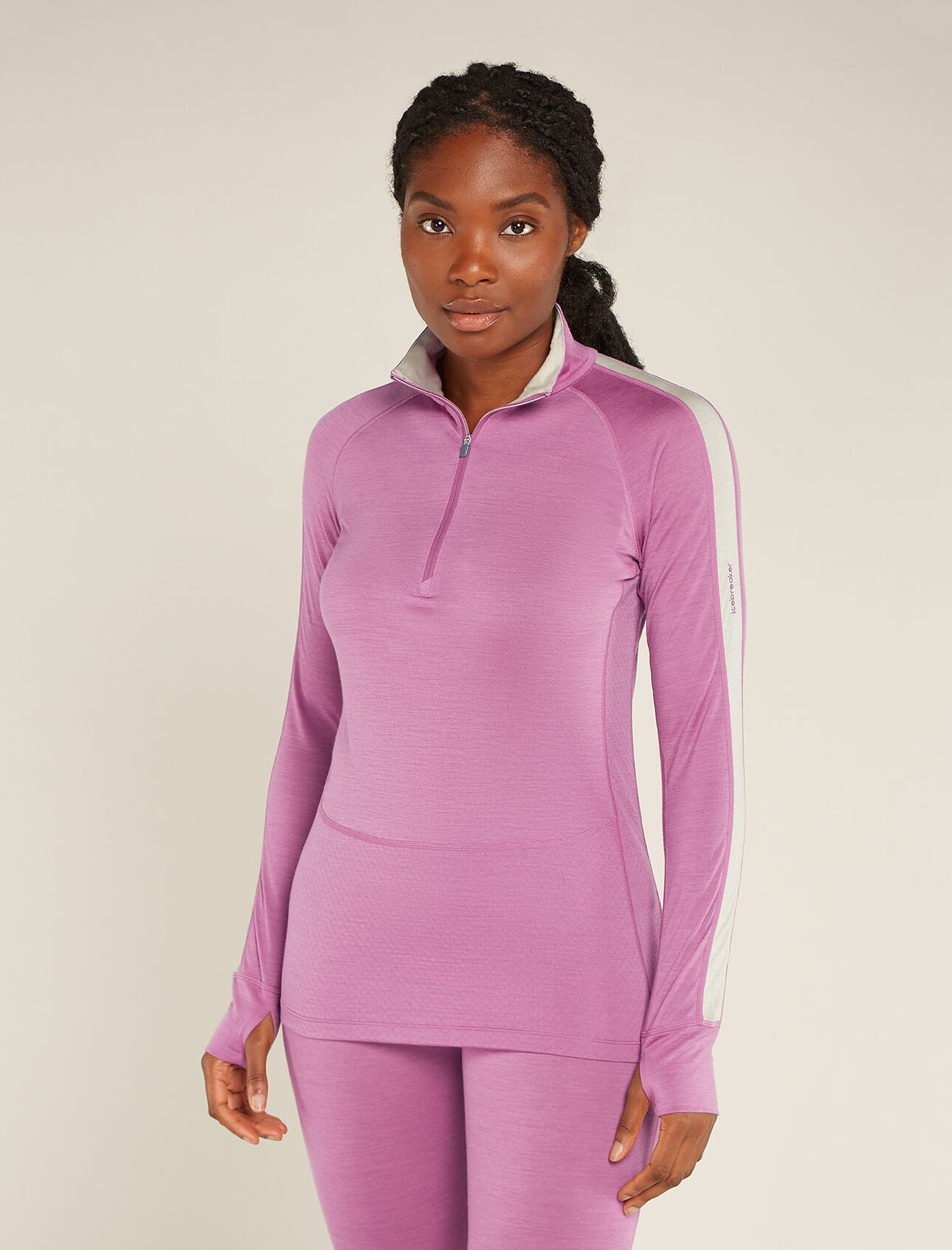 Womens Merino Blend 125 ZoneKnit™ Long Sleeve Half Zip Thermal Top A versatile, body-mapped zip-neck top that’s ideal for high-intensity adventures, the Merino Blend 125 ZoneKnit™Long Sleeve Half Zip features our Cool-Lite™ jersey, which blends TENCEL™ Lyocell and merino wool to naturally keep you cool.