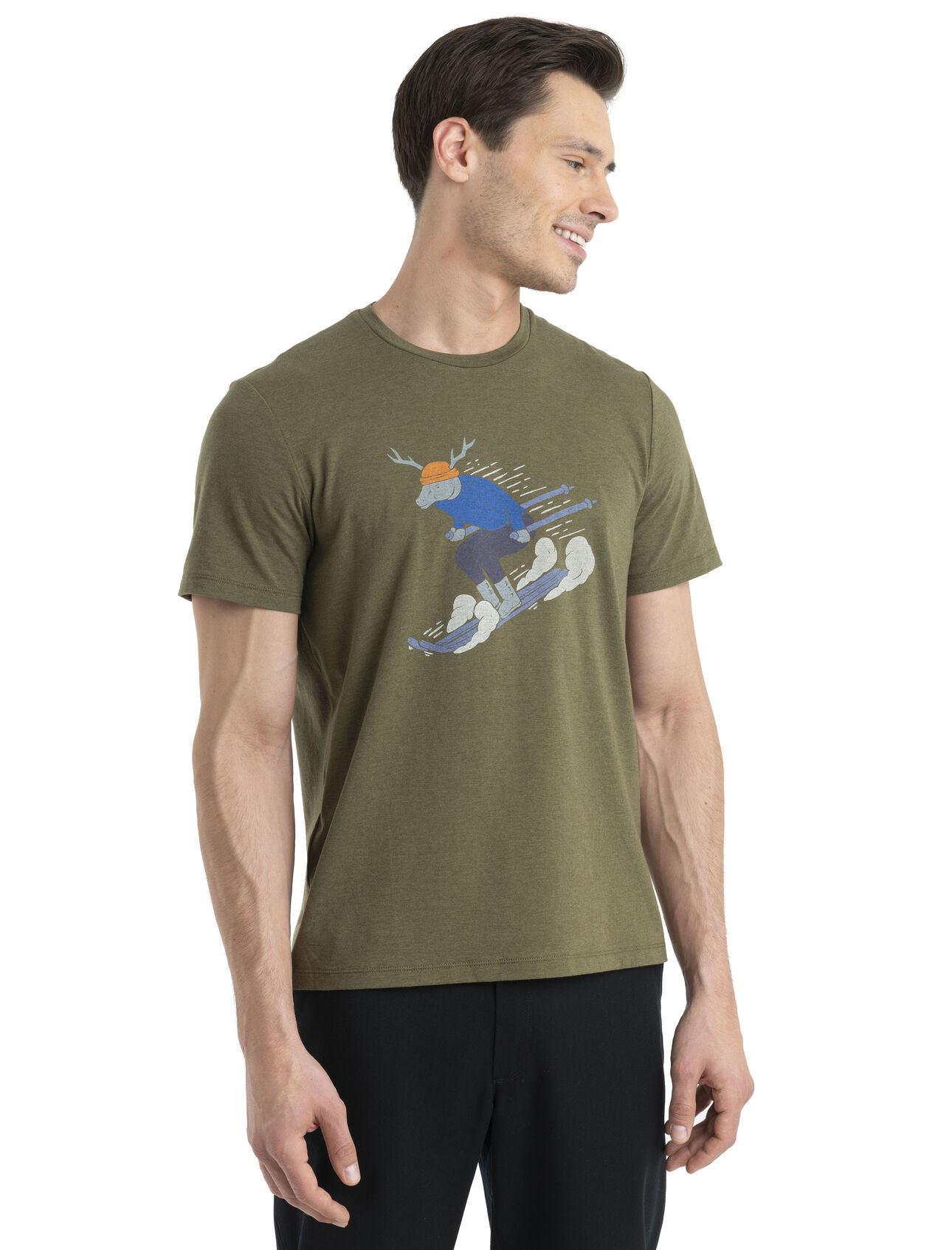 Mens Merino Central Classic Short Sleeve T-Shirt Ski Rider Central to your wardrobe and as classic as they come, the Central Classic Short Sleeve Tee Ski Rider is a go-to tee featuring a soft jersey blend of merino wool and organic cotton. The original artwork features a whimsical drawing of a deer on skis.