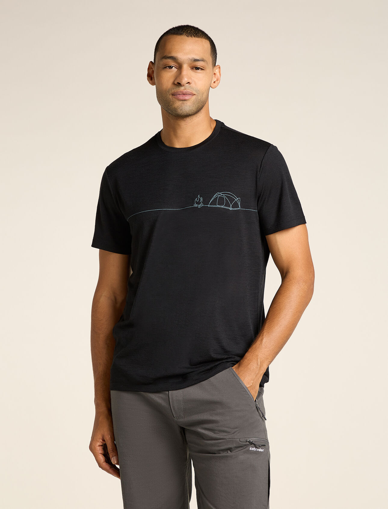 Mens Merino 150 Tech Lite Short Sleeve T-Shirt Single Line Camp Our most versatile tech tee that provides comfort, breathability and odour-resistance for four seasons worth of adventure, the Merino 150 Tech Lite Short Sleeve Tee Single Line Camp features 100% merino for all-natural performance. The original graphic artwork features a stippled print effect that references the early morning light hitting two mountain peaks. 