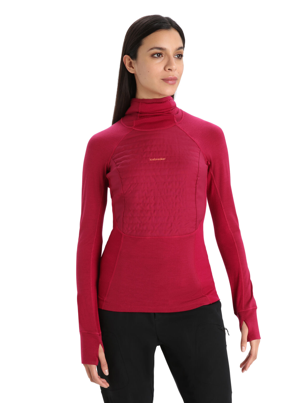 Womens ZoneKnit™ Merino Insulated Long Sleeve Thermal Hoodie A high-performance merino wool base layer optimized for intense activity and technical mountain pursuits, the ZoneKnit™ Insulated Long Sleeve Hoodie combines our ZoneKnit engineered body-mapping with quilted MerinoLoft™ insulation at the chest for added warmth.