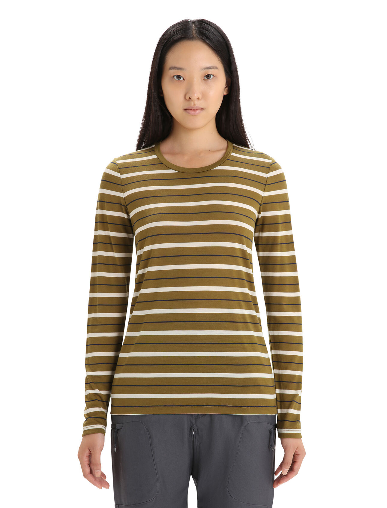 Merino Wave Langarmshirt Stripe Damen Ein leichtgewichtiges Merino-Mix T-Shirt im klassischen Stil, das für warmes Wetter perfekt ist, das Wave Langarmshirt Stripe besteht aus unserem atmungsaktiven, völlig natürlichen Cool-Lite™ Jersey.