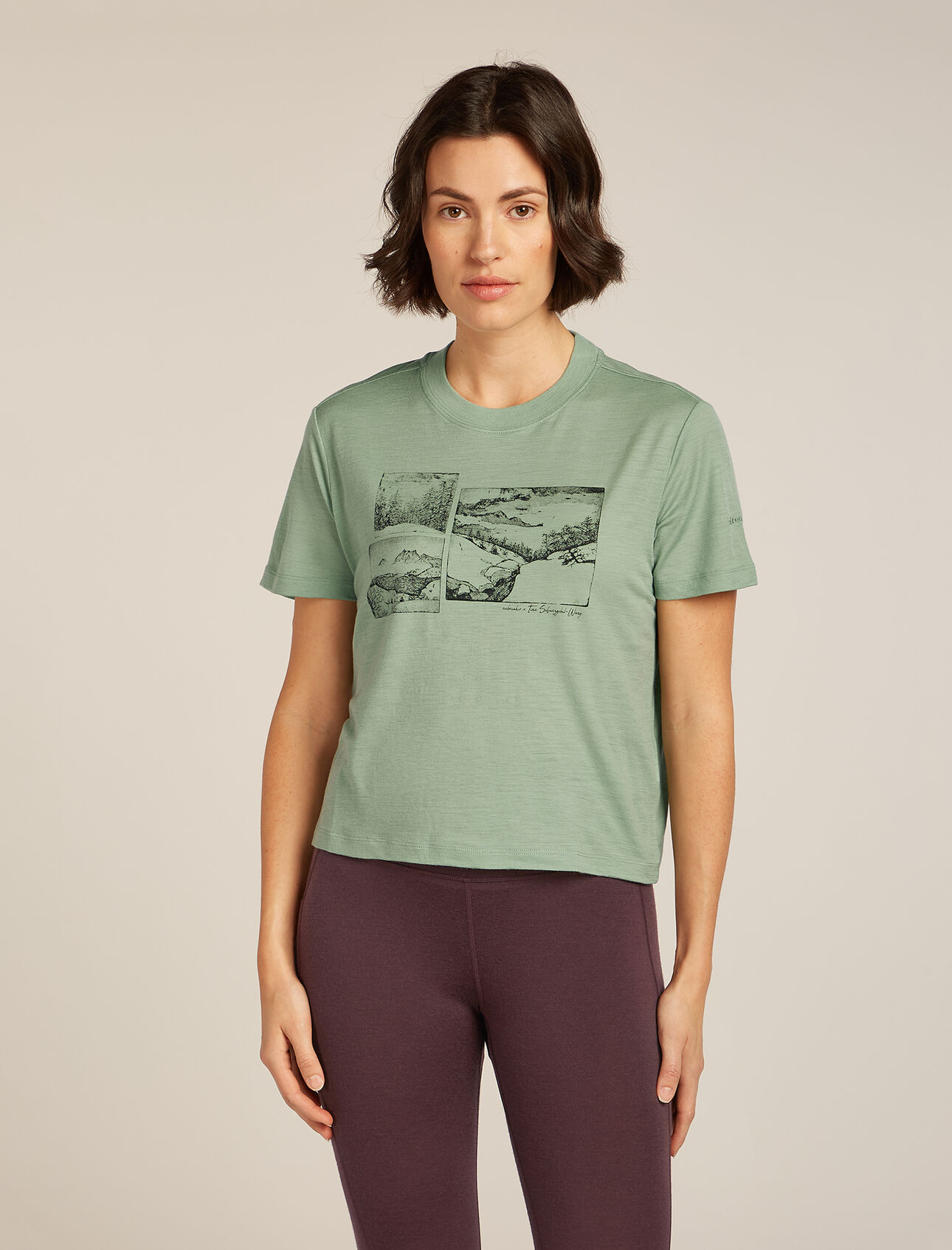 Womens Merino 150 Tech Lite Short Sleeve Crop T-Shirt The Climb Our most versatile tech tee that provides comfort, breathability and odour-resistance for four seasons worth of adventure, the Merino 150 Tech Lite Short Sleeve Crop Tee The Climb features a cropped design and 100% merino fabric for all-natural performance. Collaborating with Swiss-Chinese artist, Tina Schwizgebel-Wang, we’ve screen-printed her designs using a printing paste that contains a black pigment sourced from FSC-certified wood waste. 
