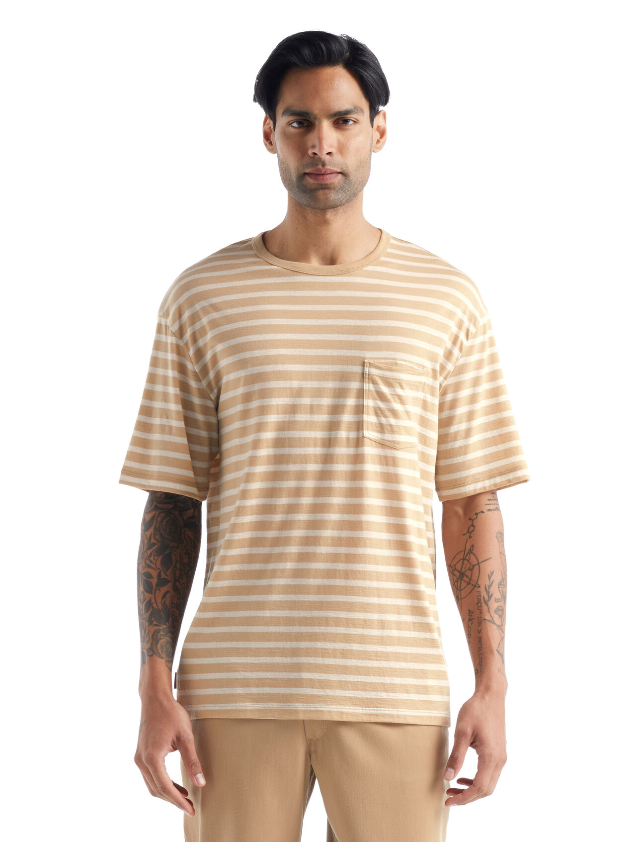 Mens Merino Granary Short Sleeve Pocket Stripe T-Shirt A classic striped pocket tee with a relaxed fit and soft, breathable, 100% merino wool fabric, the Granary Short Sleeve Pocket Tee Stripe is all about everyday, all-natural comfort.