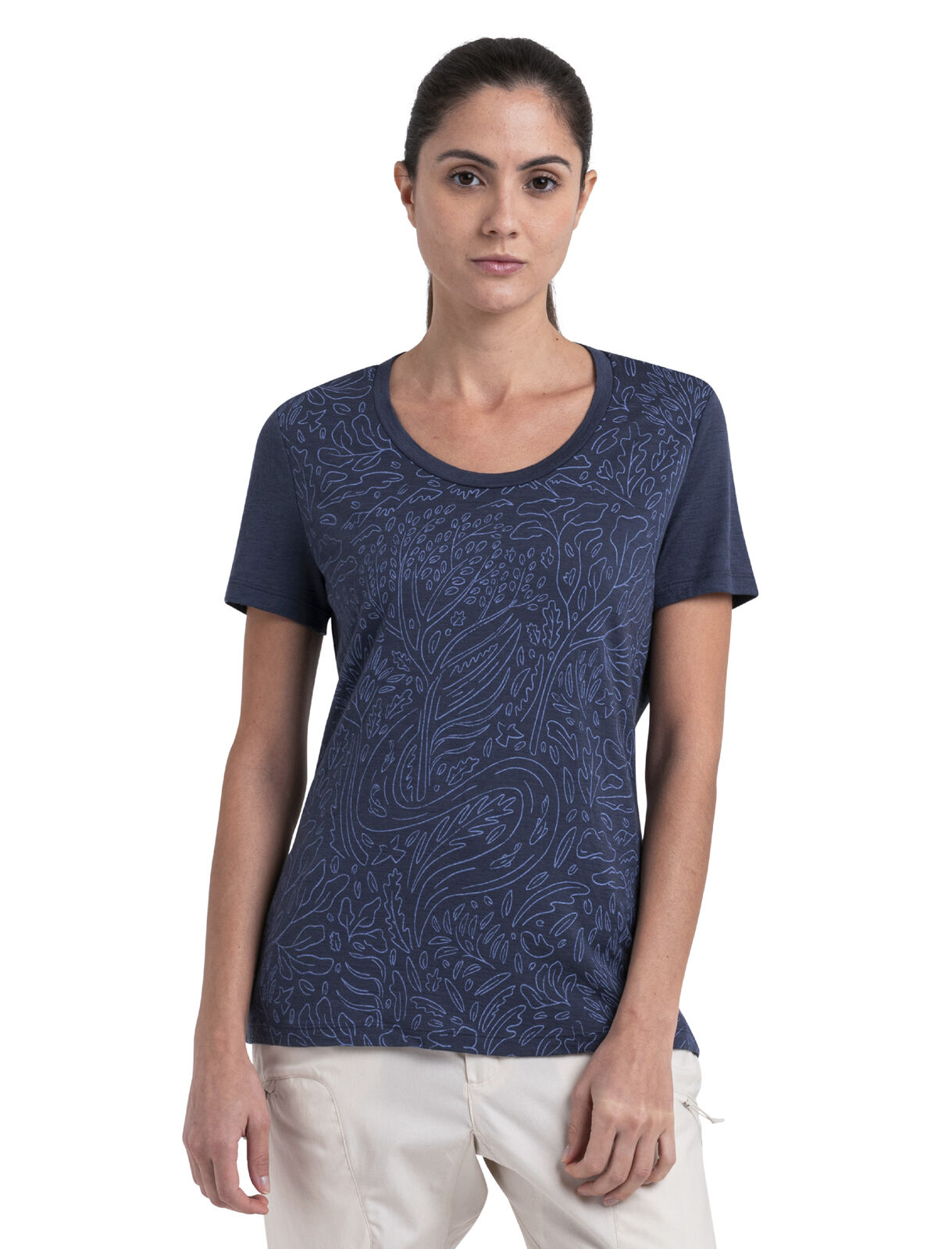 Dames 150 Tech Lite III T shirt Through the Woods met lage ronde hals van merinowol