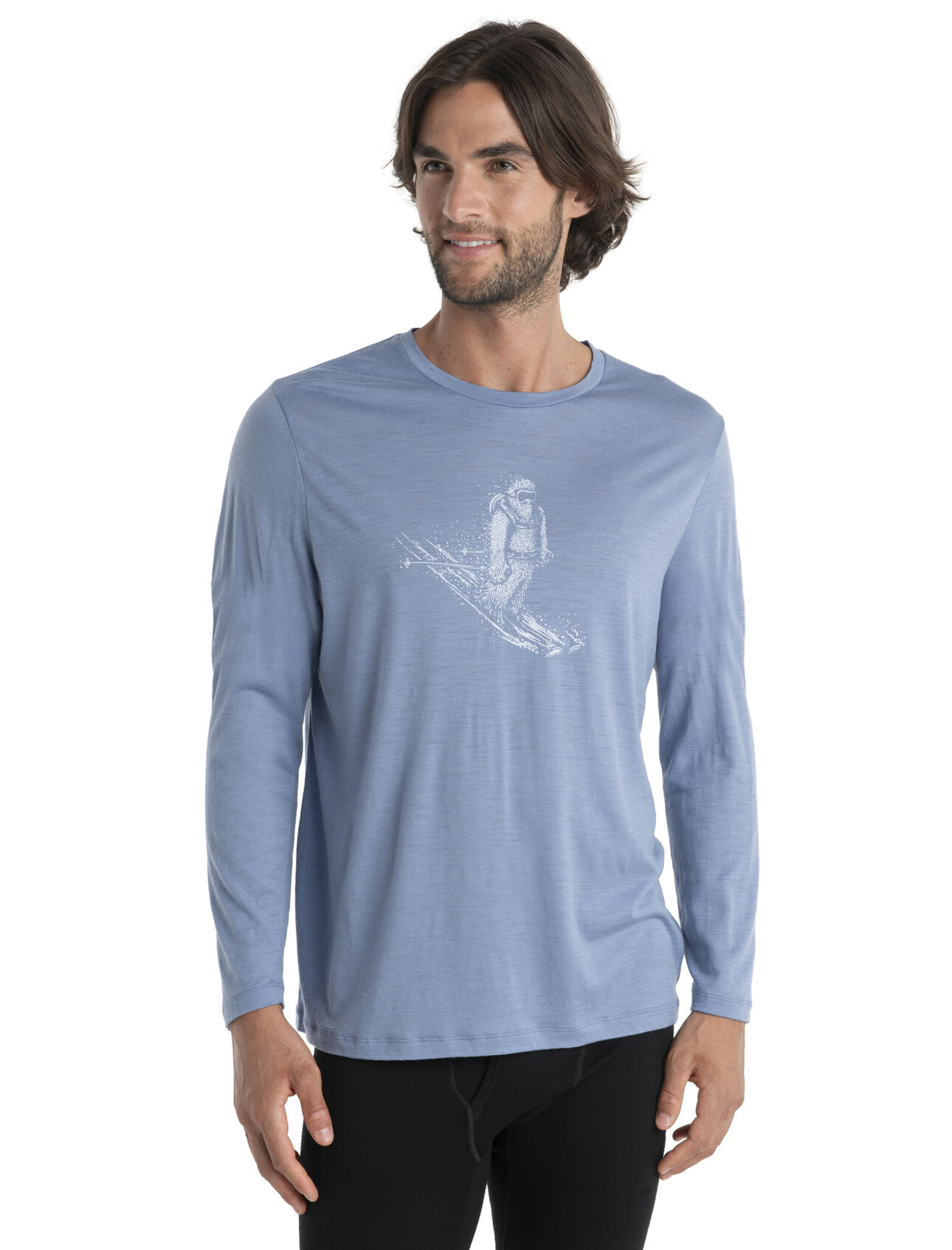 Mens Merino Tech Lite II Long Sleeve T-Shirt Skiing Yeti Our versatile tech tee that provides comfort, breathability and natural odor-resistance for any adventure you can think of, the Tech Lite II Long Sleeve Tee Skiing Yeti features 100% merino for all-natural performance. The original artwork by Damon Watters features a fun illustration of the ultimate mountain dweller enjoying some turns.