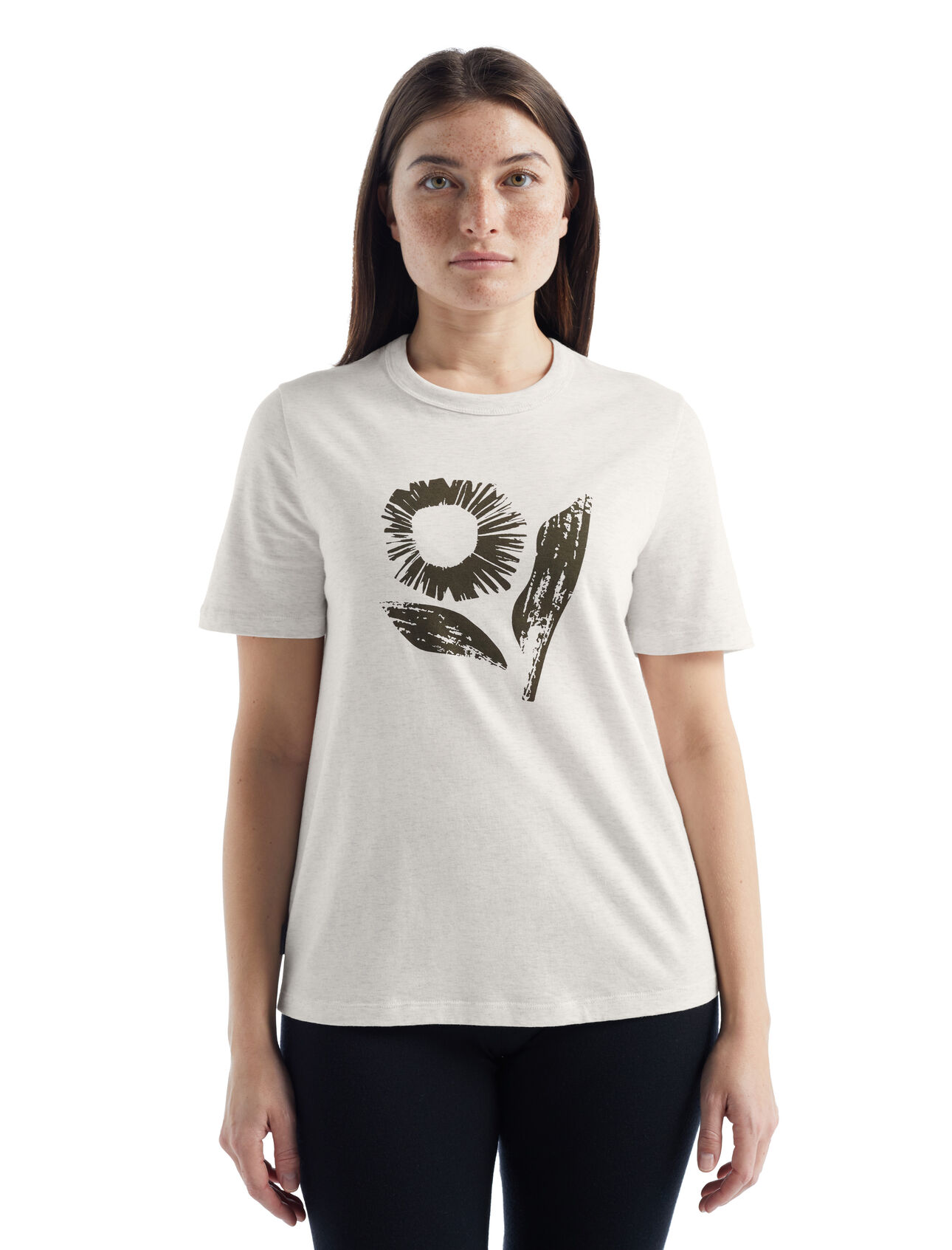 Womens Merino Cotton Central Short Sleeve T-Shirt Flora Forms A versatile, everyday tee featuring original logo artwork, the Central Short Sleeve Tee Flora Forms features a sustainable blend of natural merino wool and soft organic cotton. The original artwork features unique floral print.