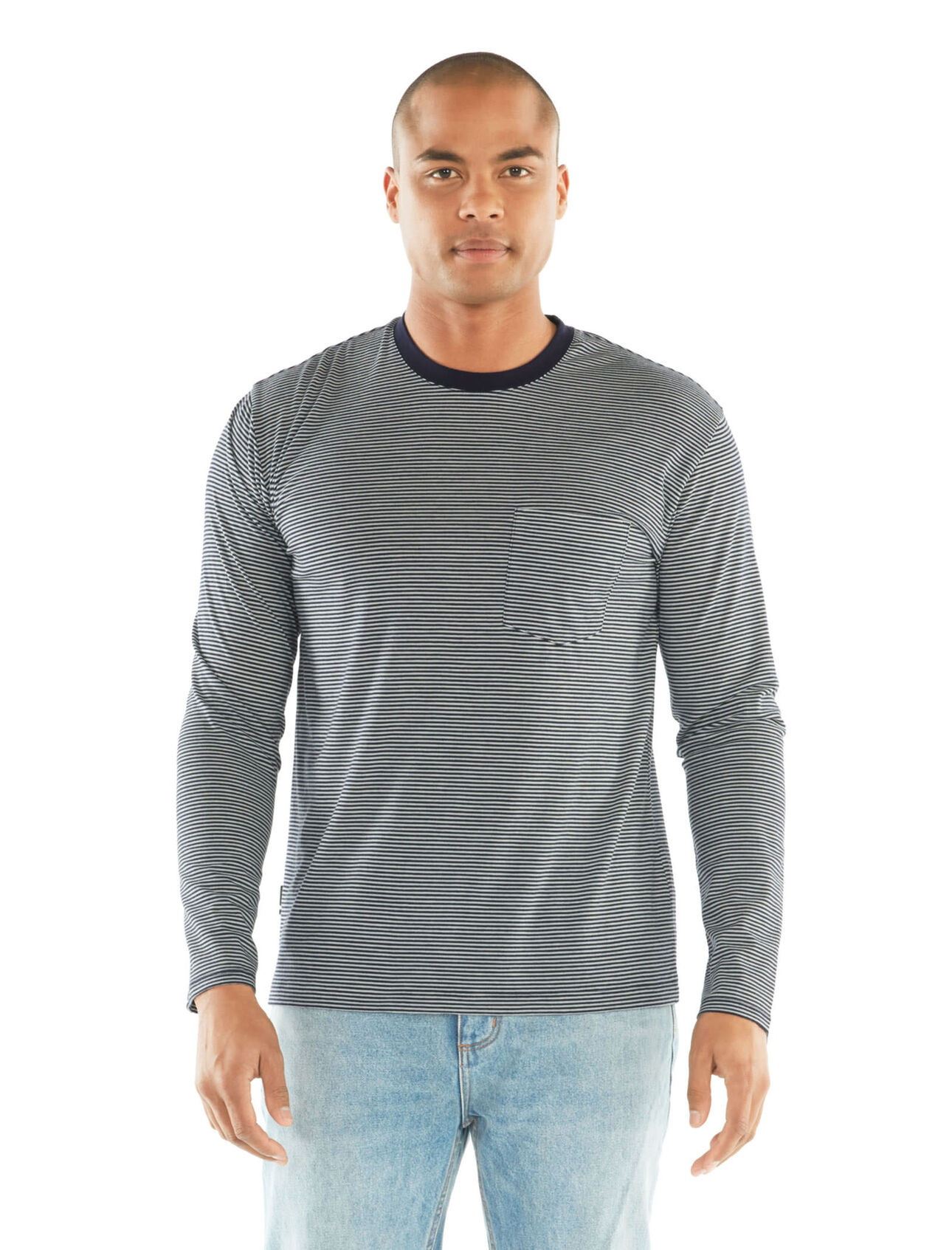 Luxe Lite långärmad t-shirt i merino med ficka, ränder och rund halsringning