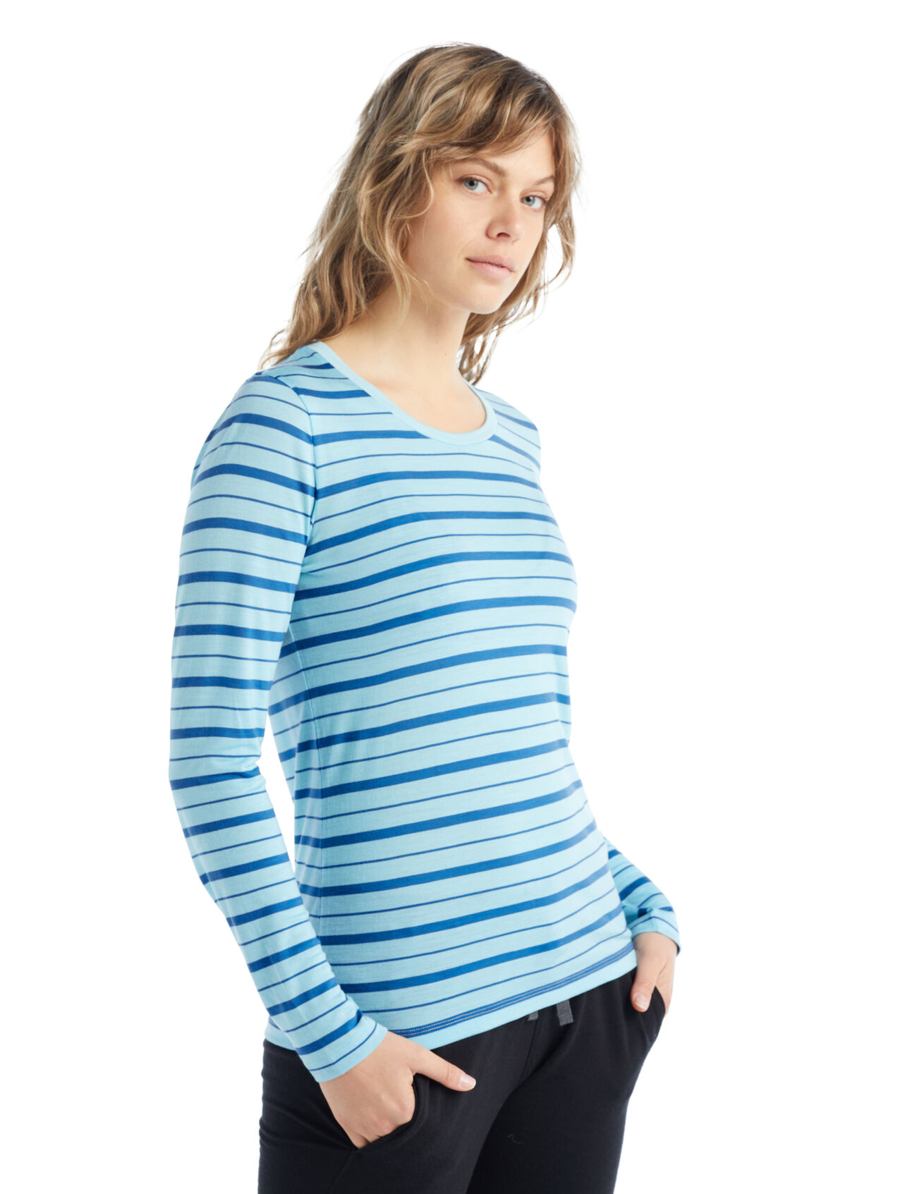 Womens Merino Wave Long Sleeve Stripe T-Shirt A lightweight merino-blend tee with classic style that's perfect for warm weather, the Wave Long Sleeve Tee Stripe features our breathable, all-natural Cool-Lite™ jersey fabric.