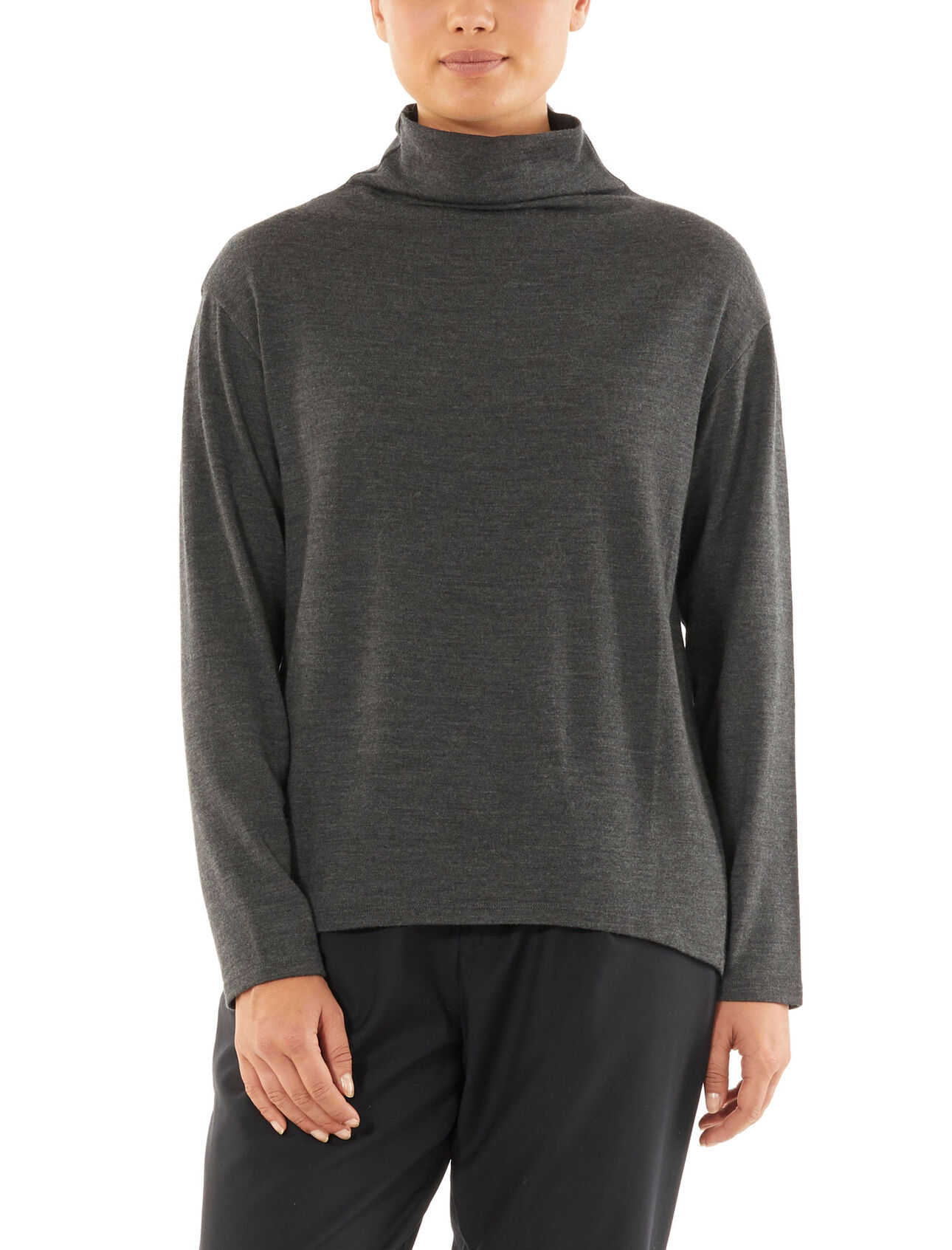 Womens Merino Deice Long Sleeve Turtleneck Sweater  A modern top with a loose mock-neck design and our 100% merino jersey fabric, the Deice Long Sleeve Turtleneck is versatile, lightweight, and incredibly comfortable.