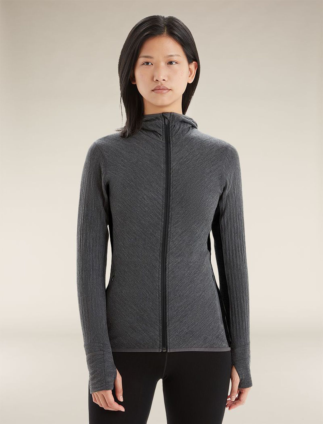 Womens Descender Long Sleeve Zip Hoodie A technical hooded fleece mid layer ideal for cold, aerobic days outside, the Descender Long Sleeve Zip Hood features our soft, merino-blend RealFleece™.