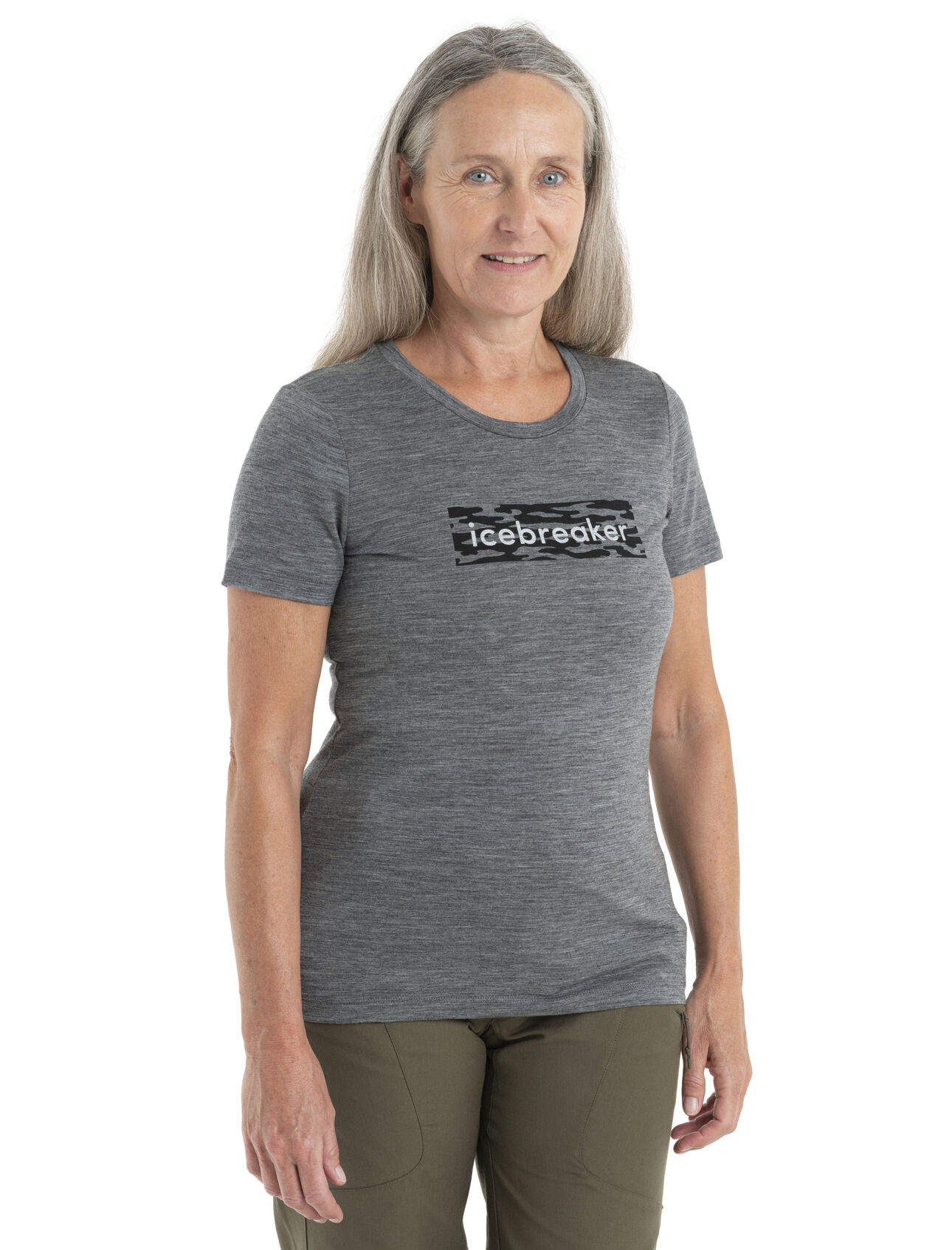 Womens Merino 150 Tech Lite II Short Sleeve T-Shirt Glacial Flow Logo Our versatile tech tee that provides comfort, breathability and odour-resistance for any adventure you can think of, the 150 Tech Lite II Short Sleeve Scoop Tee Glacial Flow Logo features 100% merino for all-natural performance. The tee's unique camo print references the fluid pattern found in the reflection of a glacial lake, with our iconic logo on top.