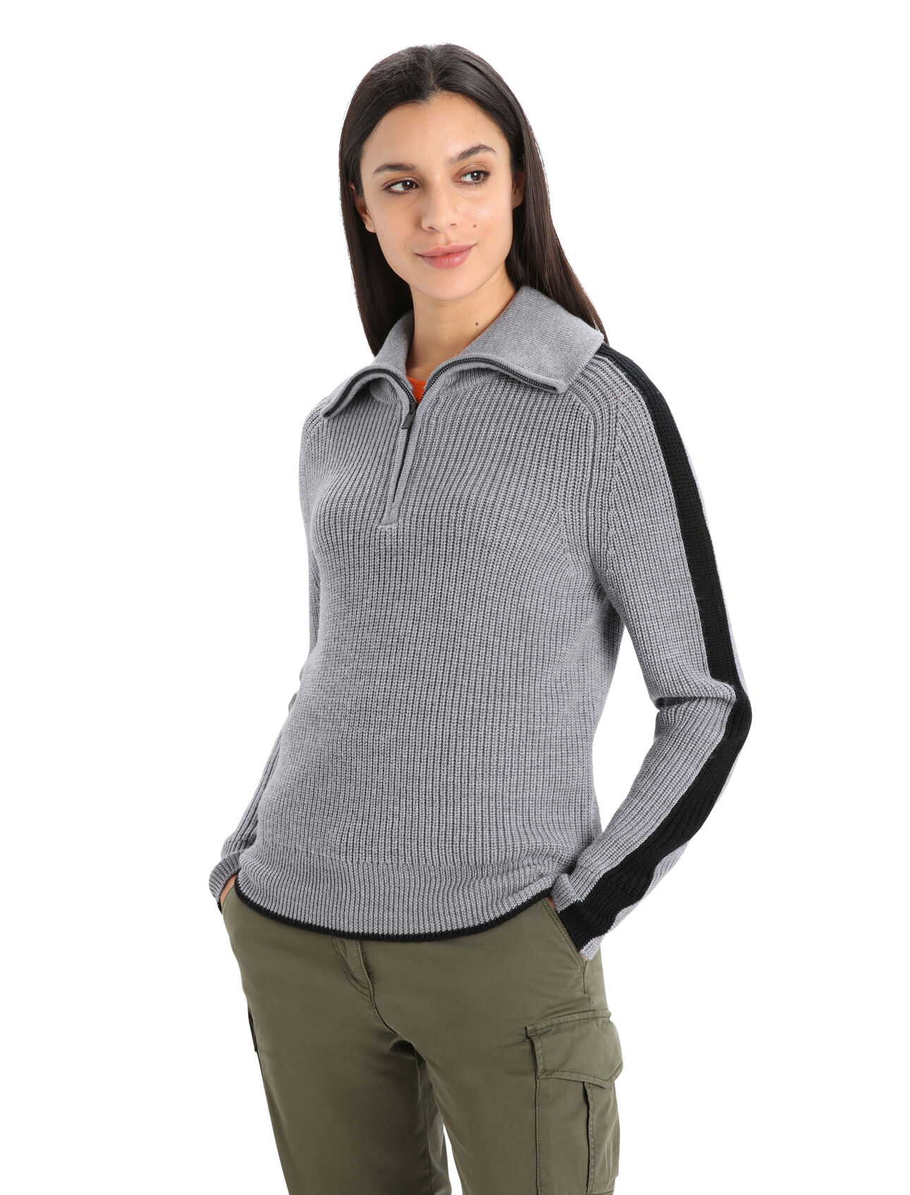 Womens Merino Lodge Long Sleeve Half Zip Sweater Inspired by our original half-zip merino pullover and reimagined with a warm, chunky knit and classic ski style, the Lodge Long Sleeve Half Zip Sweater is the quintessential cold-weather style piece.