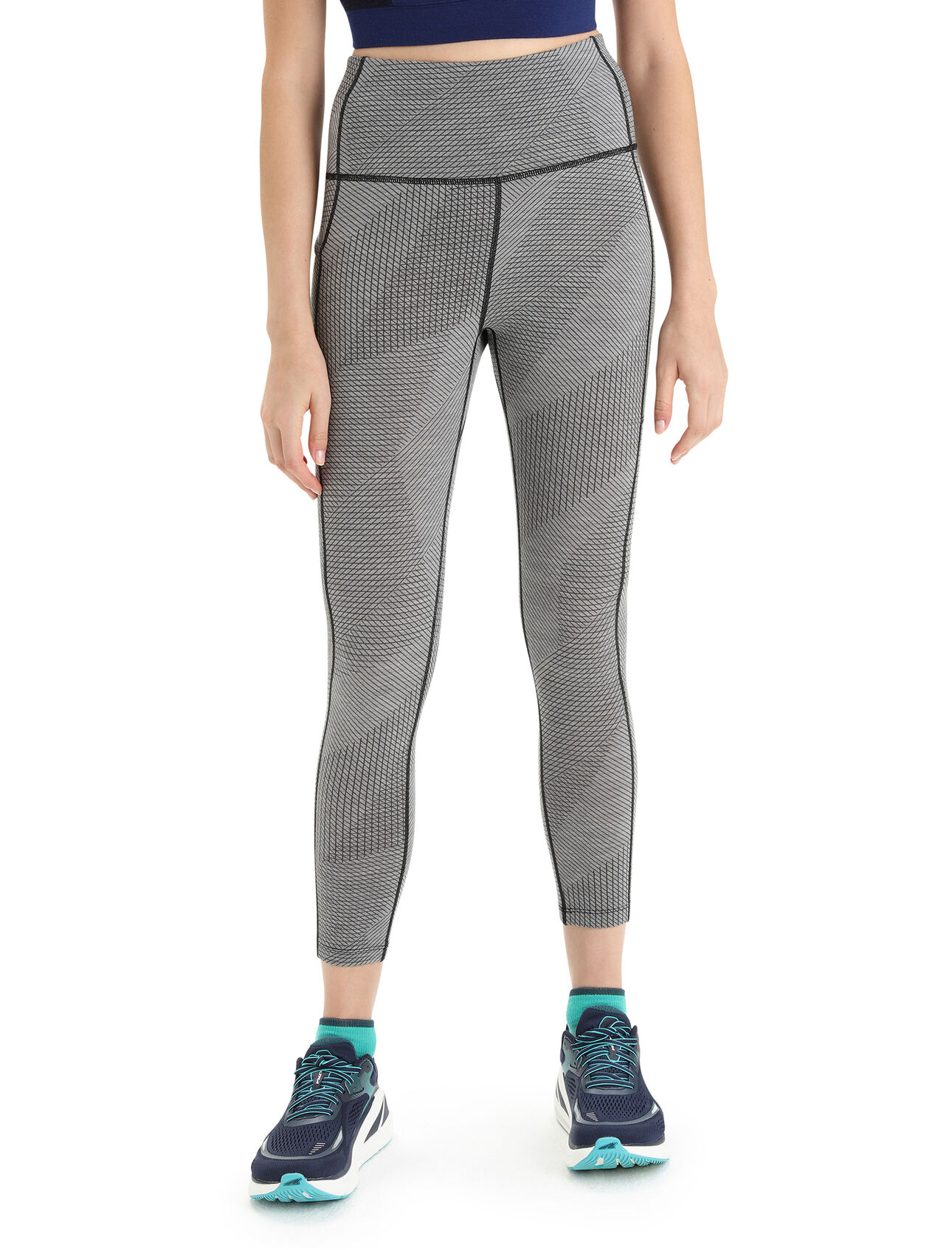 Womens Merino Fastray High Rise Tights Gridlines Functional, form-fitting bottoms for active performance on or off the trail, the Fastray High Rise Tights feature a stretchy merino wool blend with a high waist for added coverage. The unique geometric print draws inspiration from the gridlines of 3D mapping in mountain terrain.