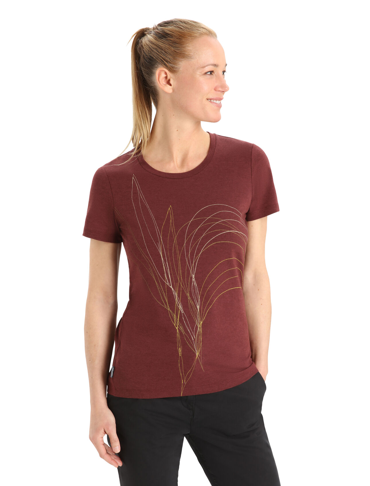 Womens Merino Central Classic Short Sleeve T-Shirt Leaf A versatile, everyday tee that goes anywhere in comfort, the Central Classic Short Sleeve Tee Leaf features a sustainable blend of natural merino wool and soft organic cotton. The original graphic artwork features a unique floral line drawing.