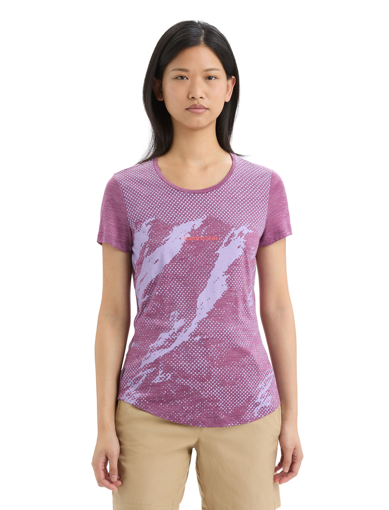 Womens Merino Sphere II Short Sleeve T-Shirt Trail A soft merino-blend tee made with our lightweight Cool-Lite™ jersey fabric, the Sphere II Short Sleeve Tee Trail provides breathability, odour resistance and comfort. The retro, half-tone print graphic adds a dose of mountain inspiration.