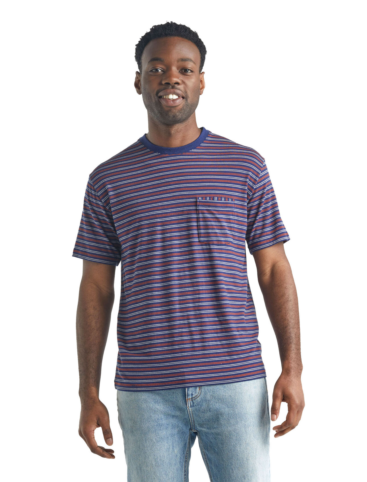 Merino 150 kurzärmliges T-Shirt mit Rundhalsausschnitt und Brusttasche Stripe