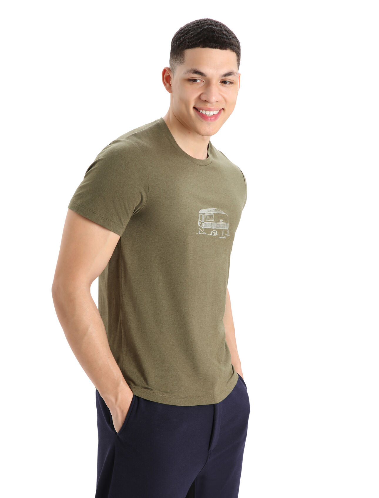 Mens Merino Central Classic Short Sleeve T-Shirt Caravan A versatile, everyday tee that goes anywhere in comfort, the Central Classic Short Sleeve Tee IB Caravan features a sustainable blend of natural merino wool and soft organic cotton. The original graphic artwork features a fun take on traveling in style.