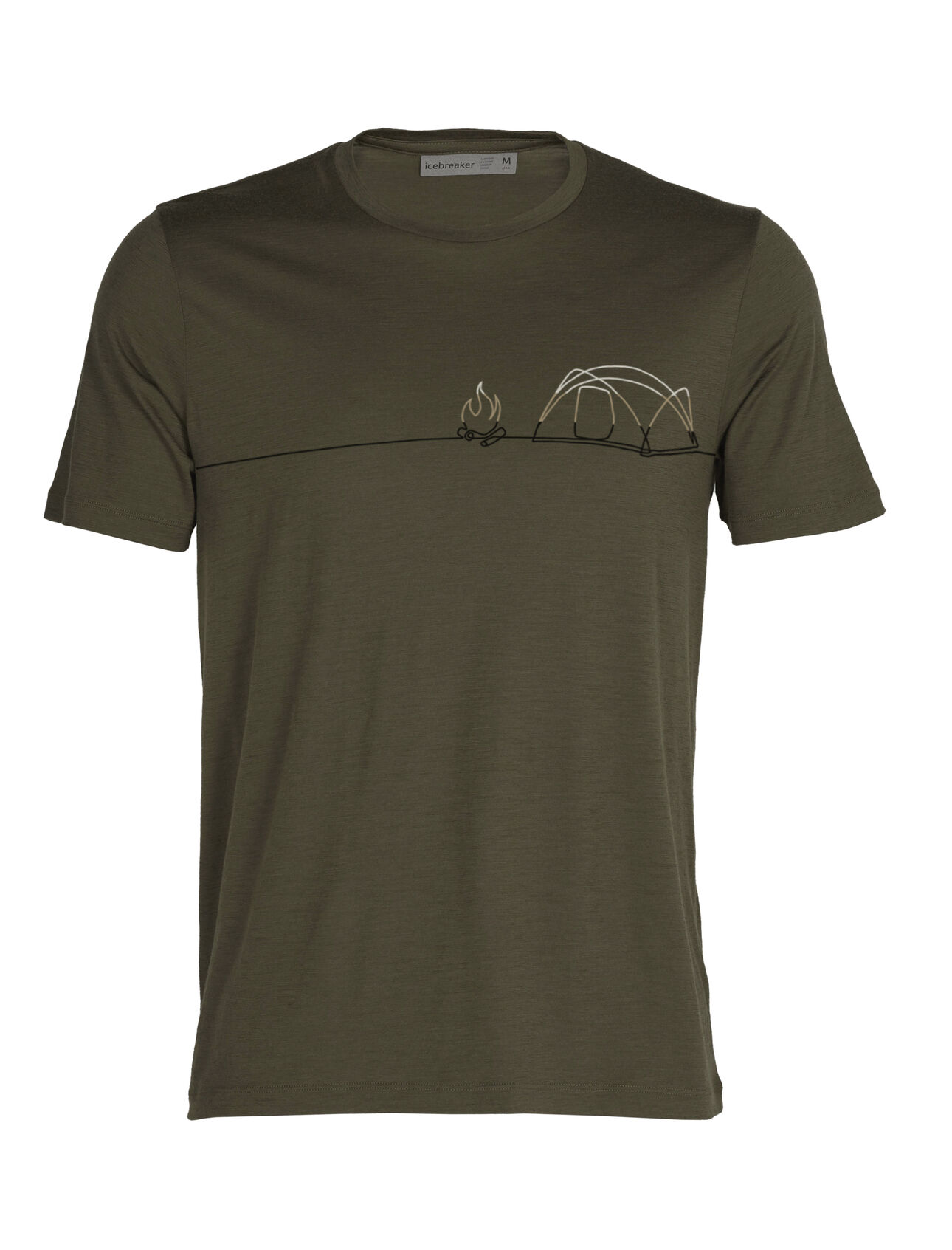 Mens Merino Tech Lite II Short Sleeve T-Shirt Single Line Camp  Our versatile tech tee that provides comfort, breathability and odor-resistance for any adventure you can think of, the Tech Lite II Short Sleeve Tee Single Line Camp features 100% merino for all-natural performance. The original artwork evokes the simple, peaceful feeling of sleeping outdoors. 