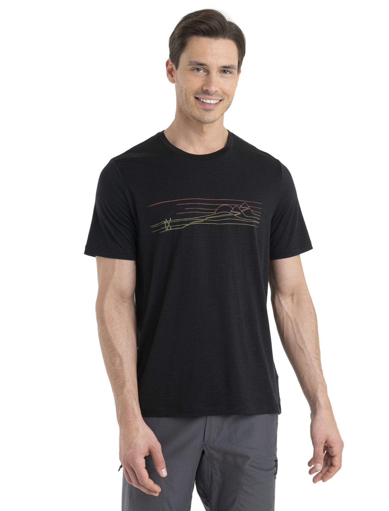 Mens Merino Tech Lite II Short Sleeve T-Shirt Ski Stripes Our versatile tech tee that provides comfort, breathability and natural odor-resistance for any adventure you can think of, the Tech Lite II Short Sleeve Tee Ski Stripes features 100% merino for all-natural performance. The tee’s original artwork by Damon Watters features a gradient illustration of a classic ski field.