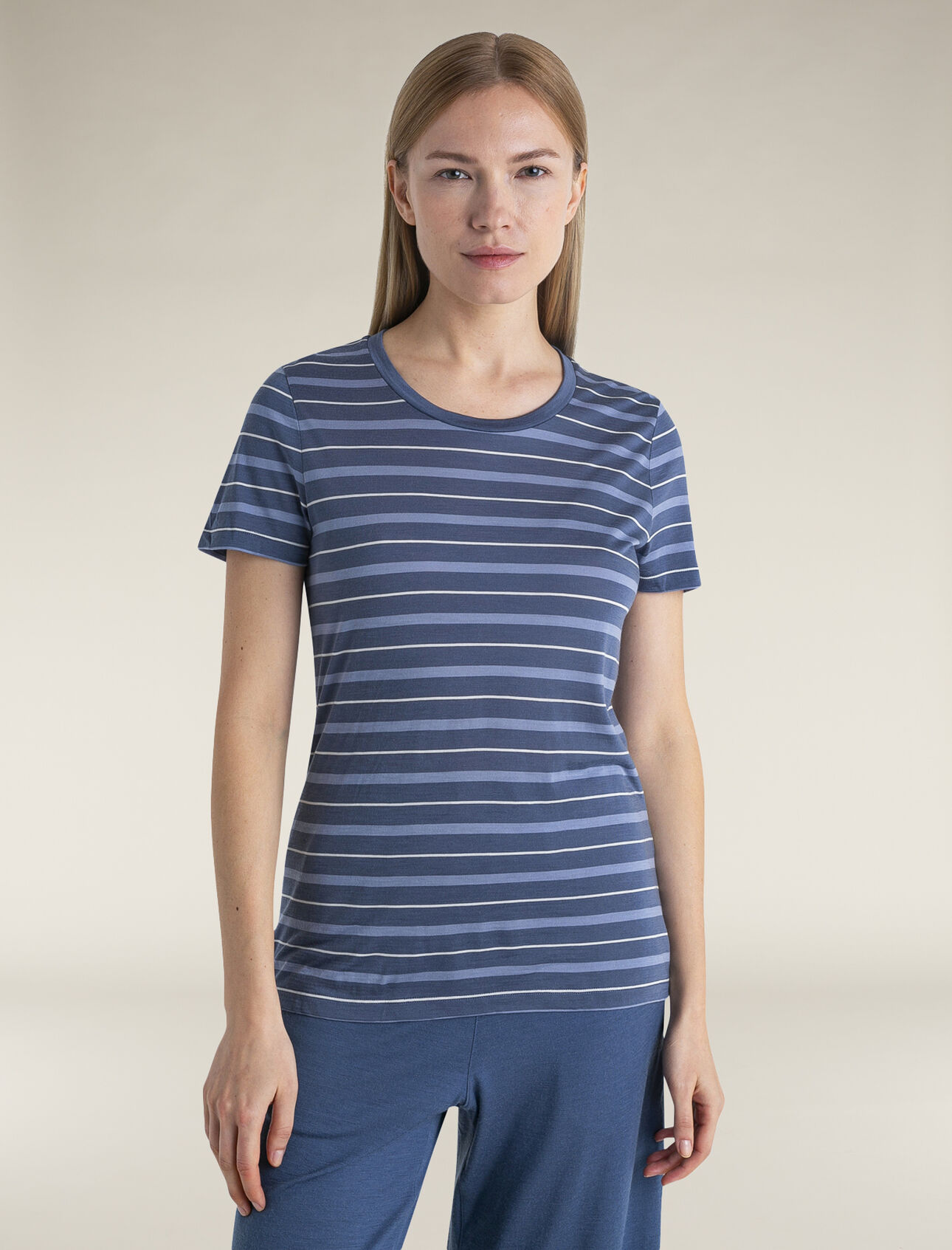 Womens Merino Blend Wave T-Shirt Stripe A lightweight merino-blend tee with classic style that's perfect for warm weather, the Wave Short Sleeve Tee Stripe features our breathable, all-natural Cool-Lite™ jersey fabric.