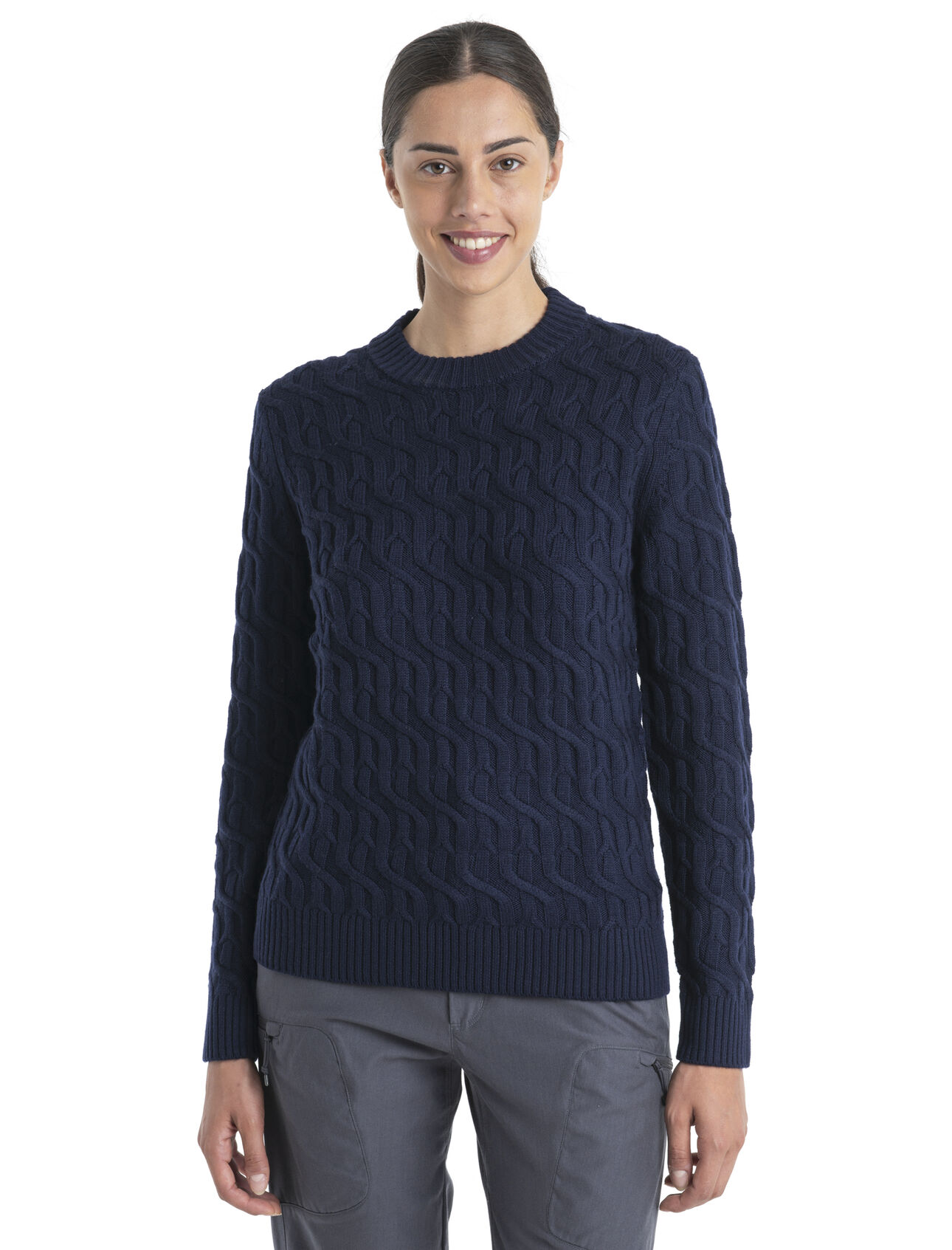 Womens Merino Cable Knit Crewe Sweater Ideal for winter travel and cold, snowy days around town, the Merino Cable Knit Crewe Sweater provides classic and cosy style with the natural benefits of 100% merino wool.