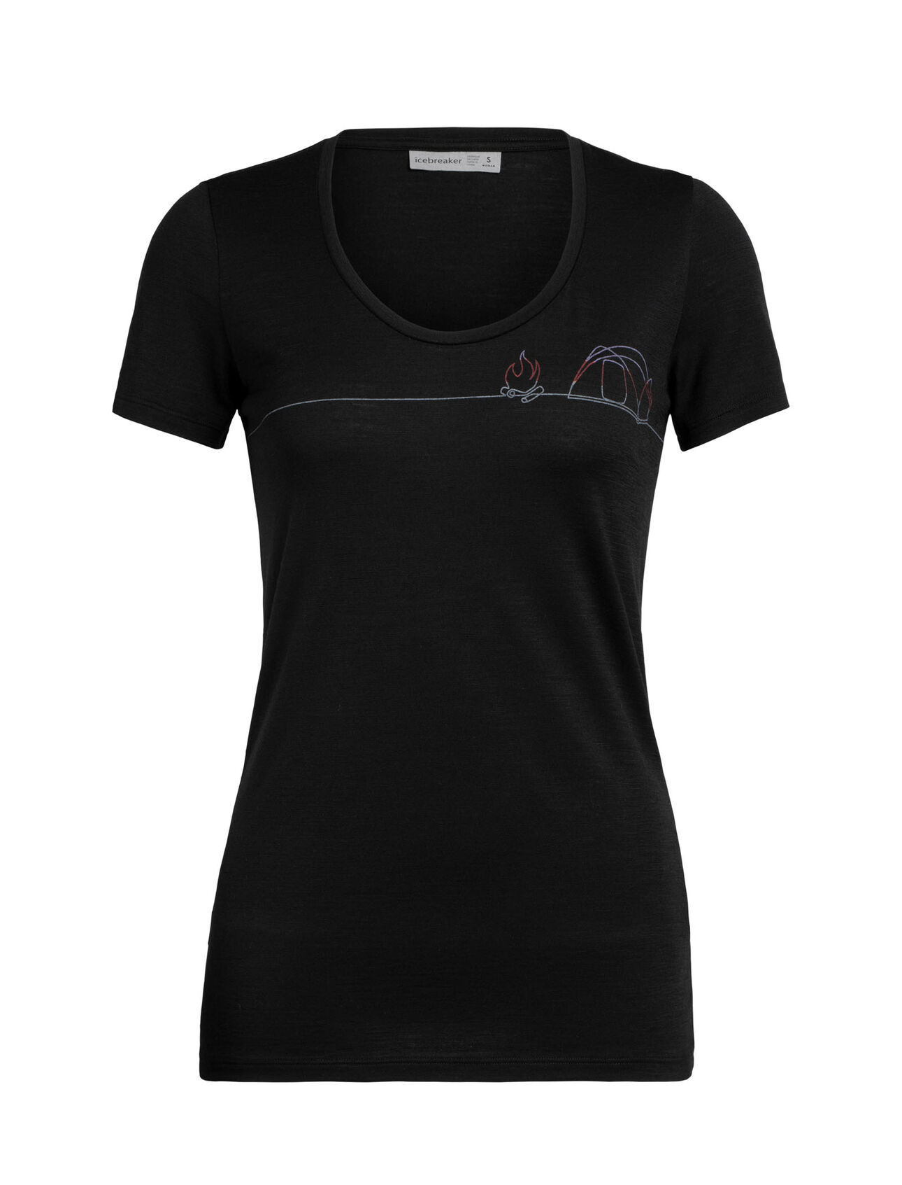 Womens Merino Tech Lite Short Sleeve Scoop Neck T-Shirt Single Line Camp A feminine take on our classic Tech Lite T-shirt in soft and breathable merino. Artist Zachary Snyder captures the joy of camping and the outdoors in a single-line drawing.