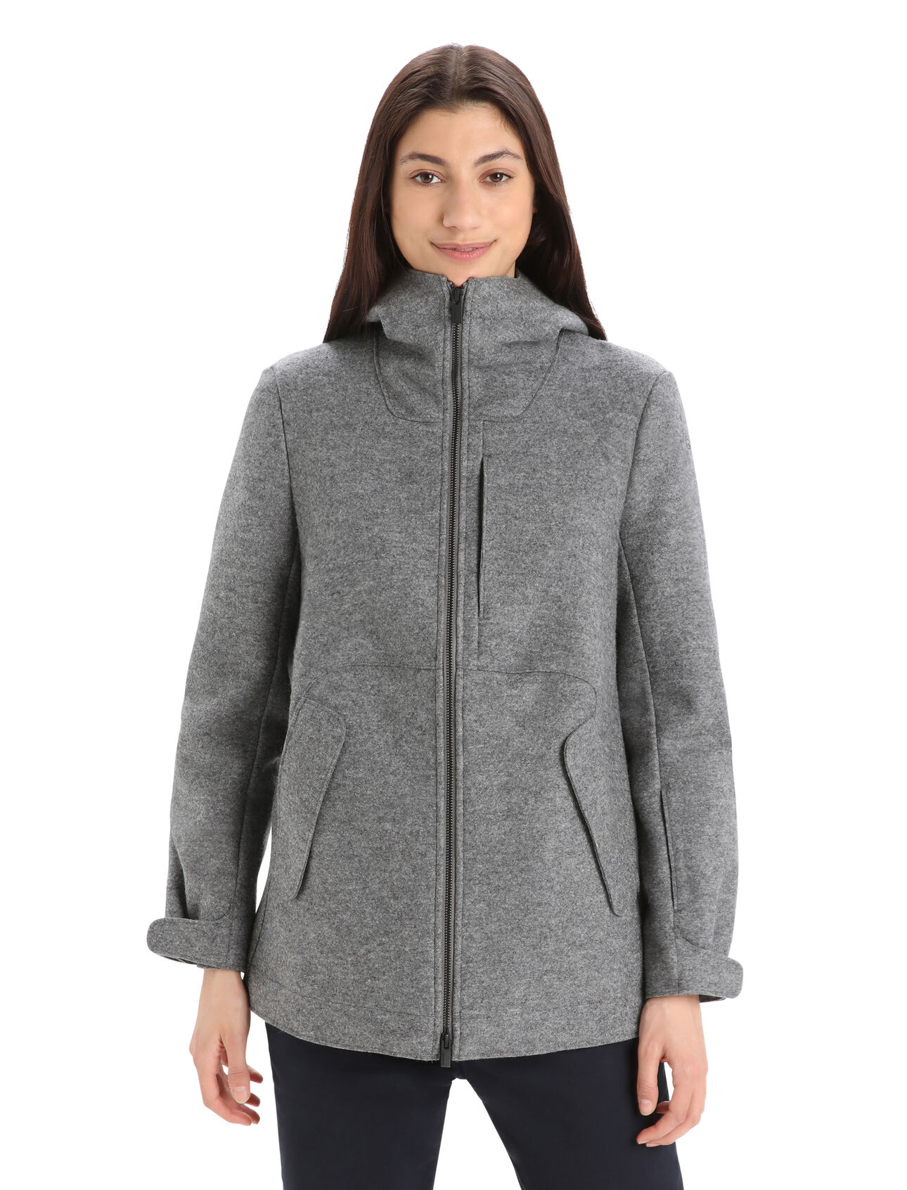 Womens Felted Merino Hooded Jacket A classic felted merino jacket ideal for everyday warmth and cold-weather commutes, the Felted Merino Hooded Jacket features 100% felted merino wool that regulates body temperature and naturally resists odors no matter the weather.