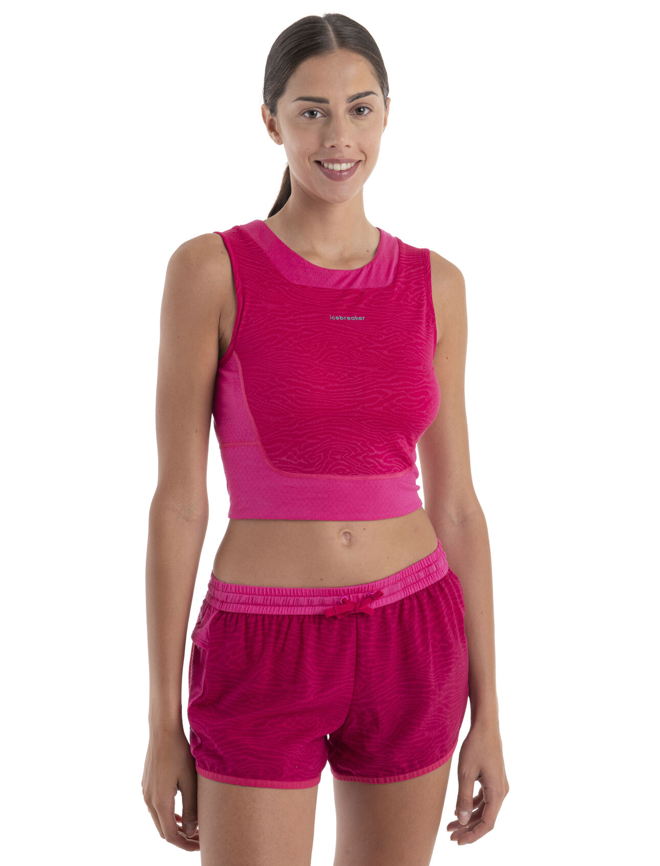 Womens Merino 125 ZoneKnit™ Cropped Bra-Tank IB Topo Lines Our most breathable, lightweight top for high-output activities, the 125 ZoneKnit™ Cropped Bra-Tank Topo Lines features a body-mapped combination of Cool-Lite merino jersey and ultra-breathable eyelet mesh, with a built-in bra. The dynamic all-over print comes from a combination of topographic contour lines and animal prints.
